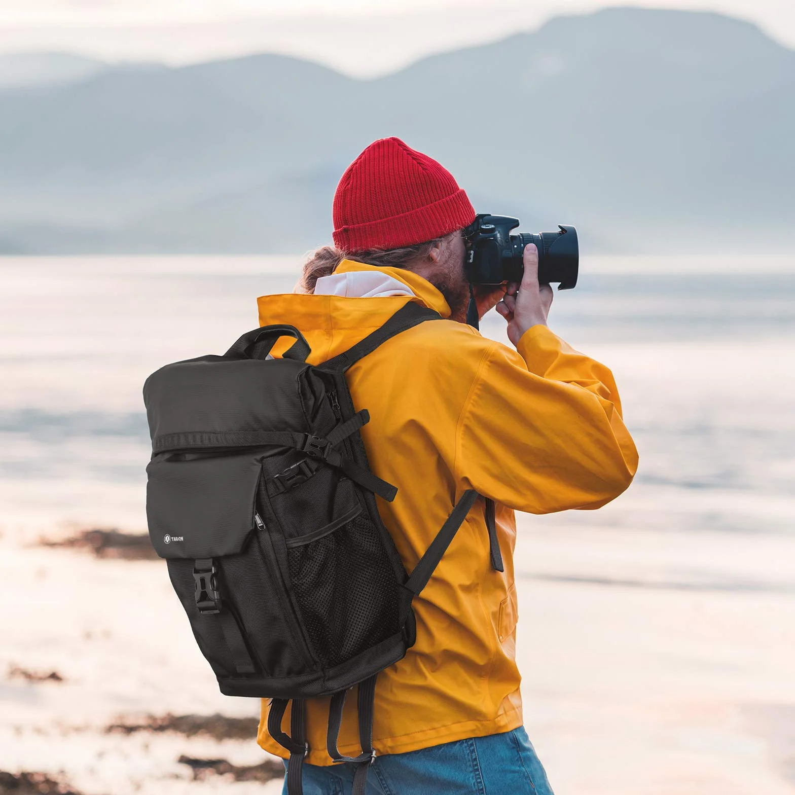 TARION Plecak na aparat, wodoodporny plecak na aparat fotograficzny, DSLR, plecak, kieszeń na laptopa 15,6 cali i pokrowiec przeciwdeszczowy (SP-01-czarny)
