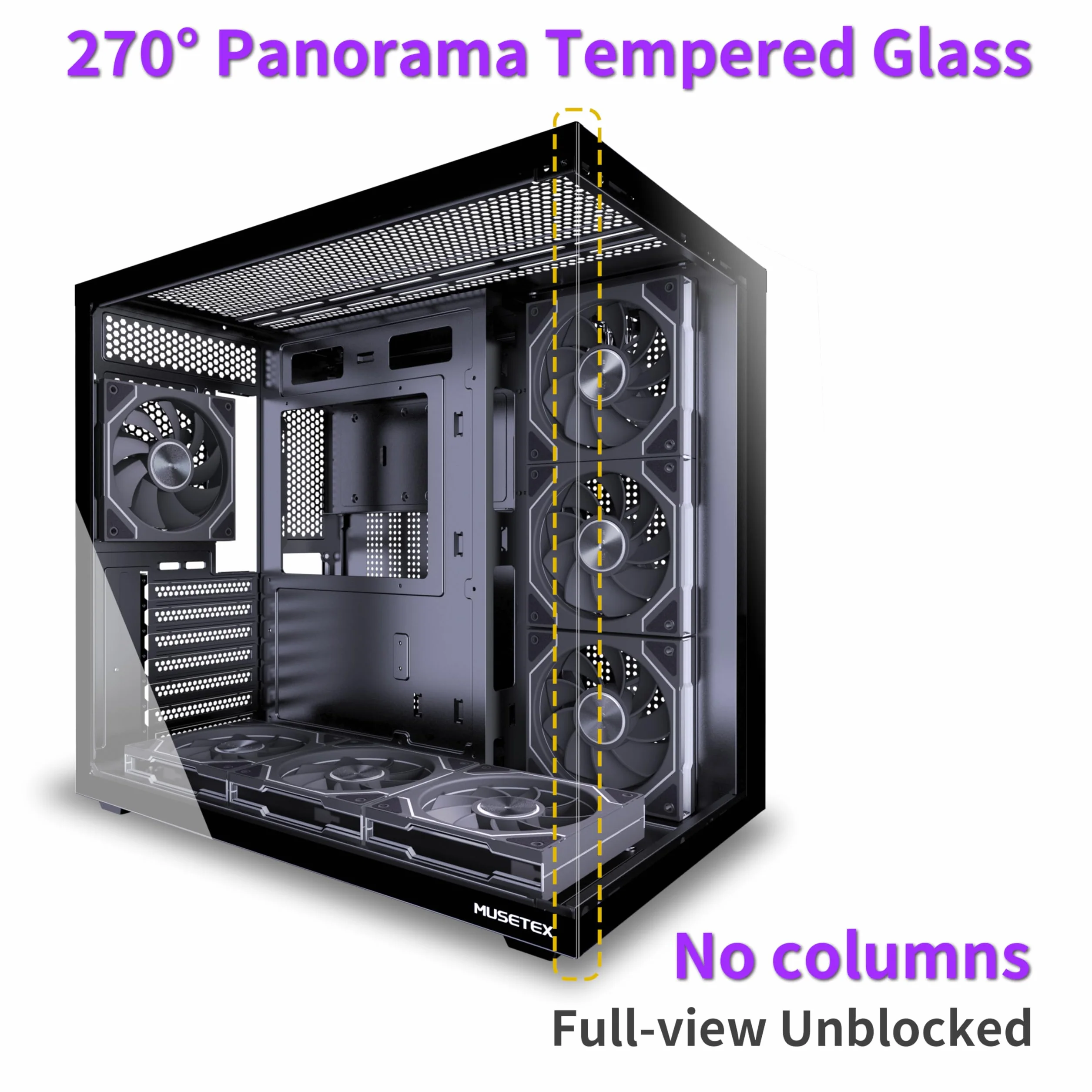 MUSETEX Y6 Obudowa PC z preinstalacją 7 wentylatorów Infinity Mirror PWM ARGB, obudowa komputerowa ATX Mid Tower, obudowa do gier z Type-C, 270° pełny widok ze szkła hartowanego, Czarny