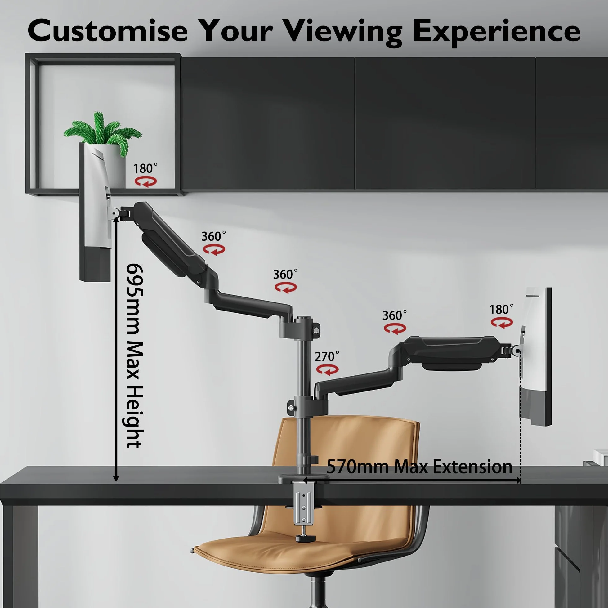 BONTEC Uchwyt biurkowy na 2 monitory 13-32 cale z ramieniem sprężyną gazową, regulacja nachylenia i obrotu, uchwyt na kable, VESA 75/100 mm, ergonomiczny stojak na monitory