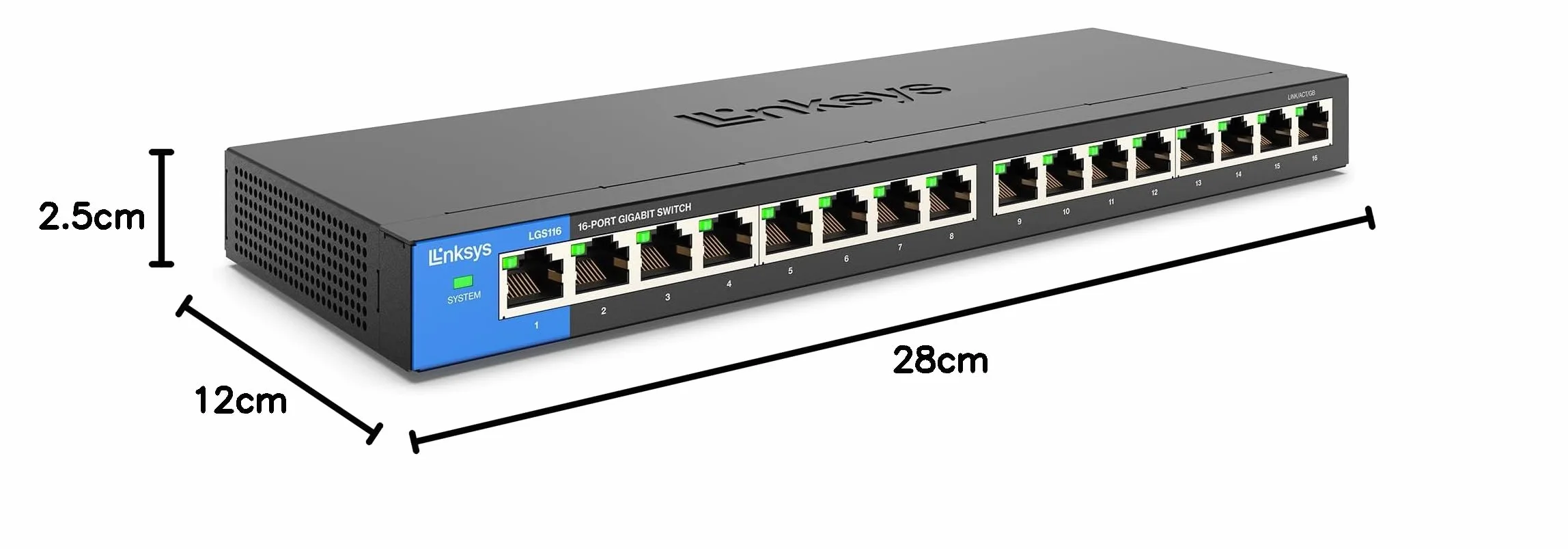 Linksys LGS116-EU 16-portowy gigabitowy niezarządzalny przełącznik sieciowy Ethernet, metalowa obudowa, Plug & Play