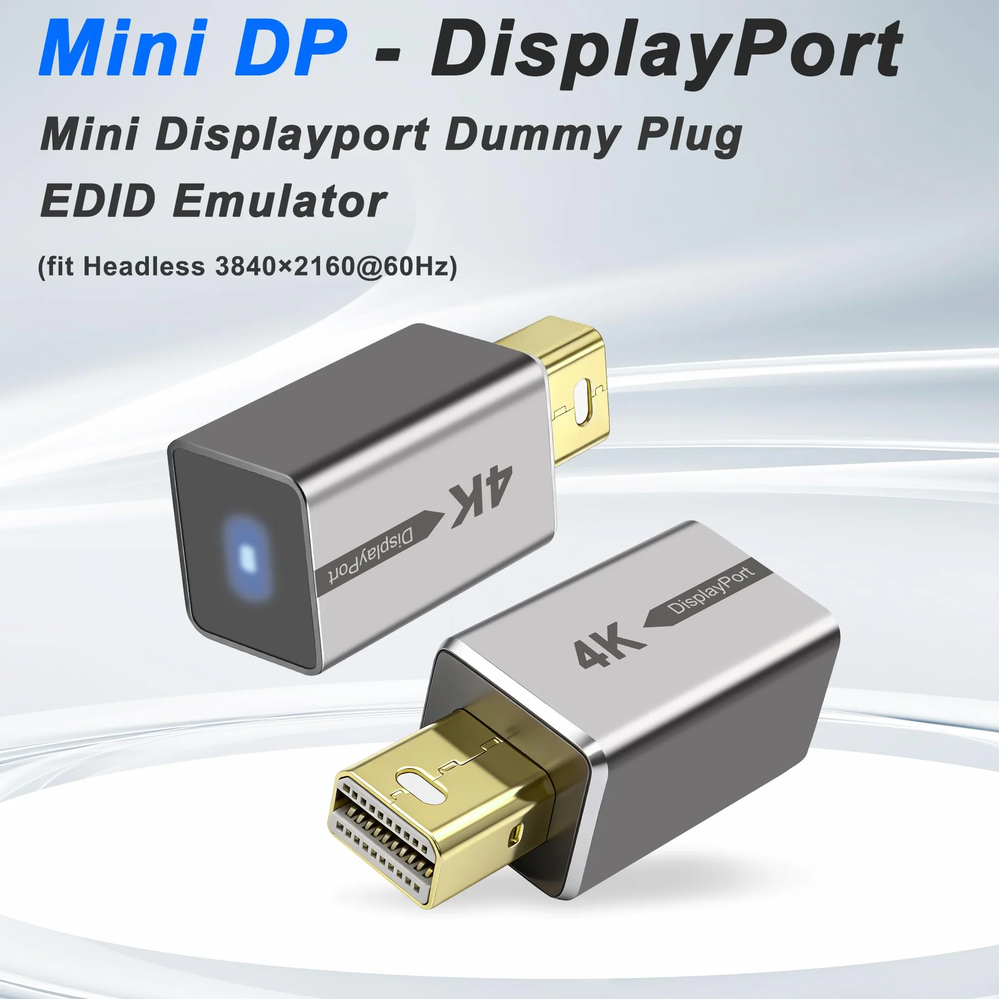MEIRIYFA Mini DisplayPort Headless Ghost Display Emulator, 4K Mini DP Dummy Plug EDID Emulator Virtual Display Adapter z oświetleniem LED do PC, zdalnego serwera (2 szt.)