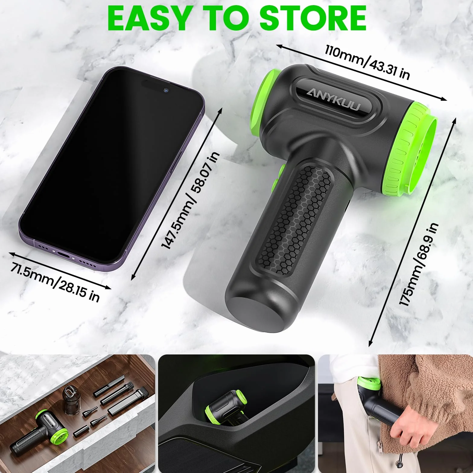 Anykuu Odkurzacz samochodowy 2 w 1 7600 mAh 91000 obr/min 3 prędkości