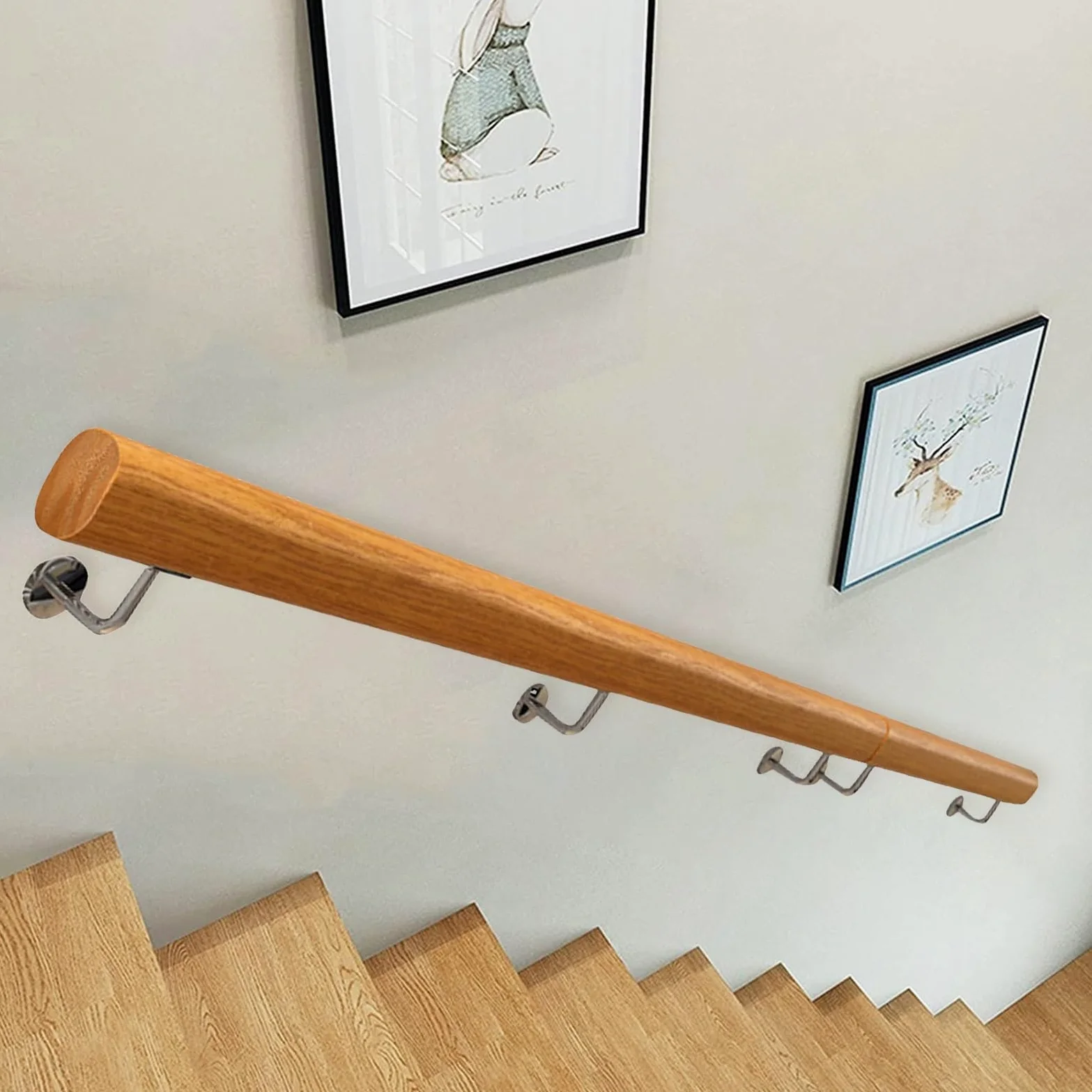 Poręcz schodowa – zestaw drewnianych poręczy balustradowych ze stali nierdzewnej, do montażu na ścianie, poręcz bezpieczeństwa, do użytku wewnątrz i na zewnątrz