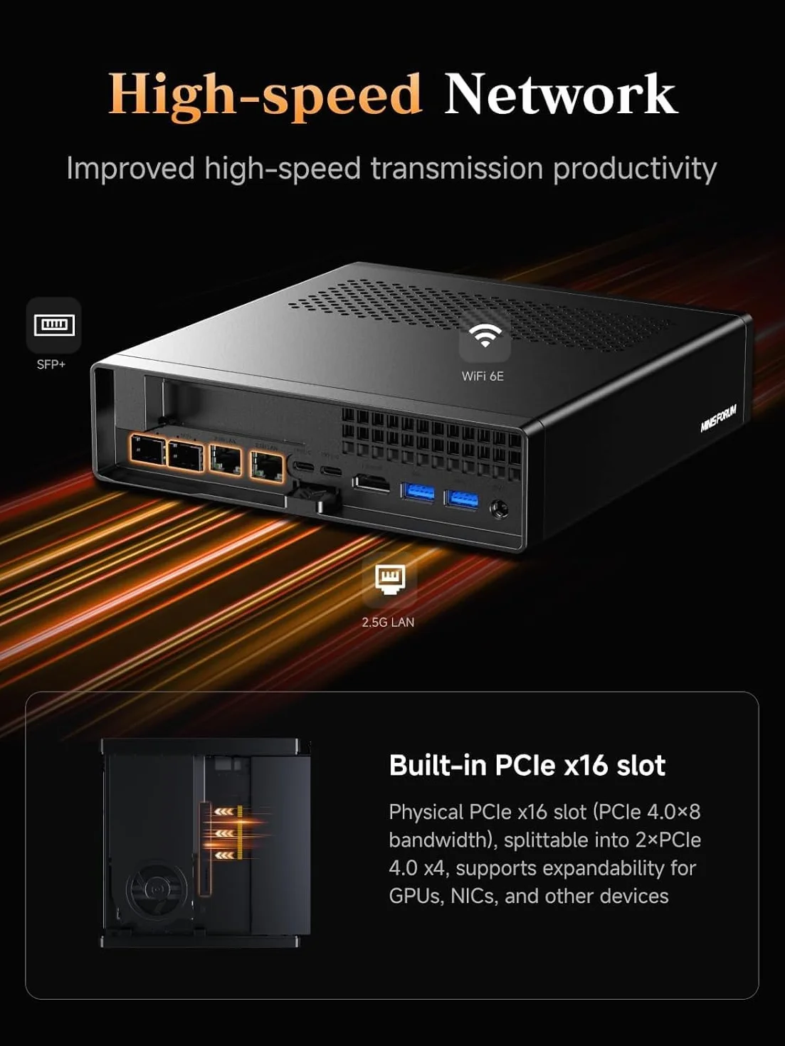 MINISFORUM MS-A2 Mini PC AMD Ryzen 7 7745HX 8C/16T 5,1 GHz PCIe x16 8K Triple Display 10G SFP+ 2,5G LAN M.2 SSD bez RAM/SSD