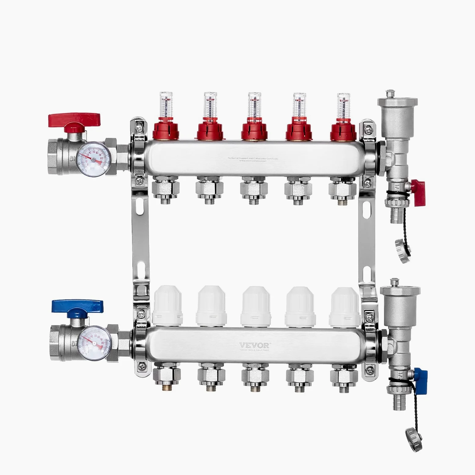 VEVOR 5-gałęziowy kolektor grzewczy do rur PEX 12,7 mm ze stali nierdzewnej PEX, z adapterami 12,7 mm, do hydronicznej podłogi, kolektora PEX