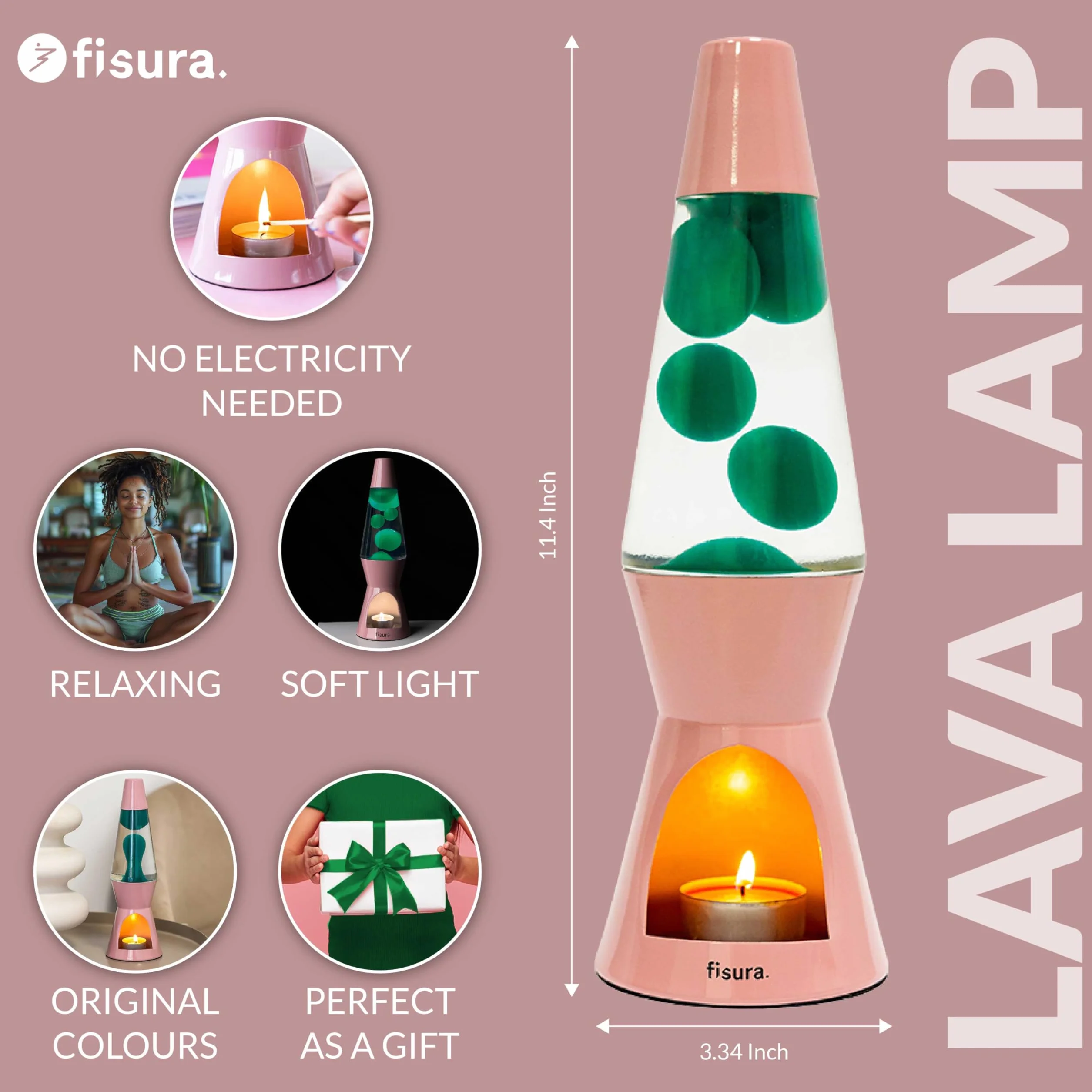 Fisura - Lampa lawa z świecą. Lampa lawa bez prądu. Różowo-zielona lampa lawa. Lampa przyjazna dla środowiska. Oryginalny prezent. 29 cm x 8,5 cm (świeca nie jest dołączona)