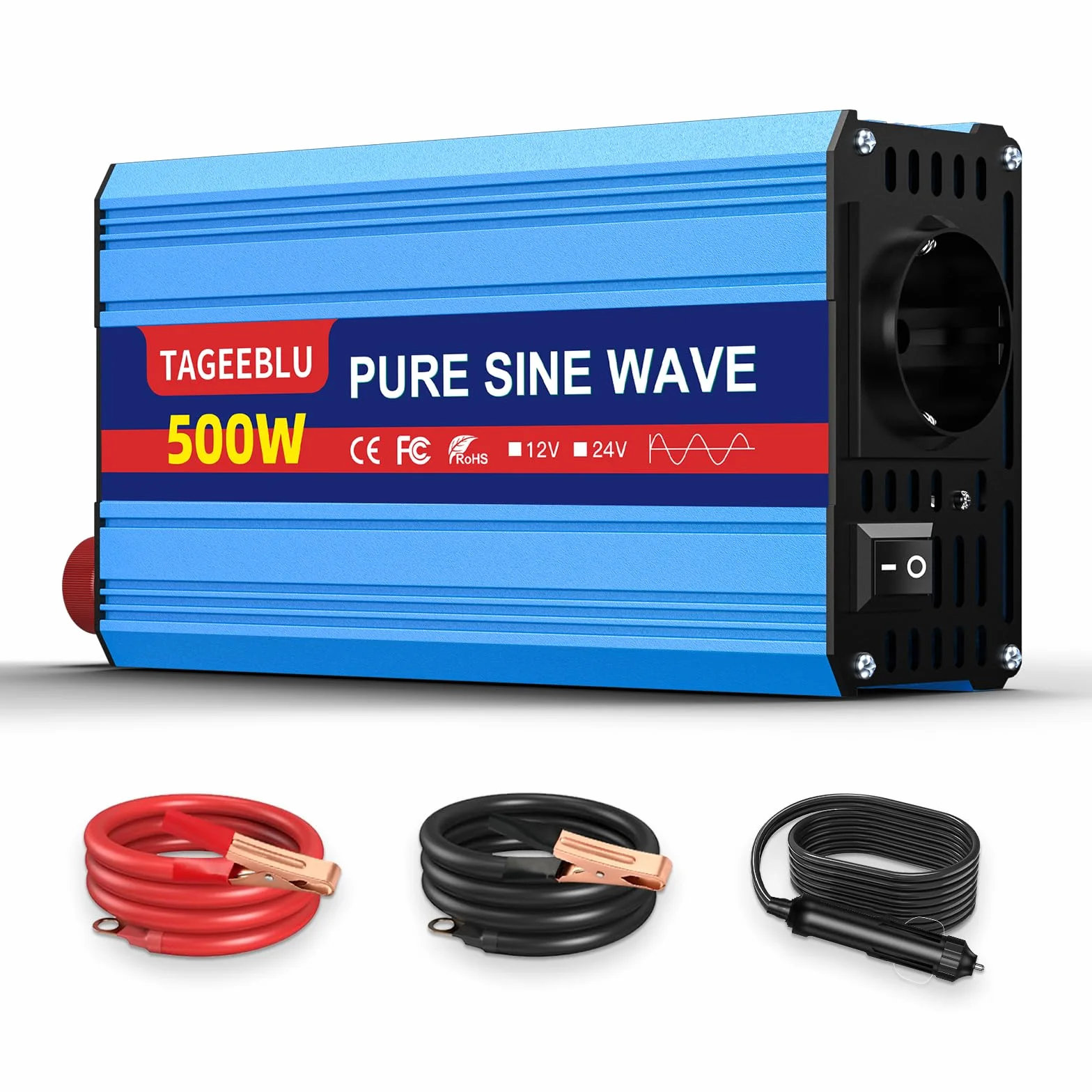Falownik 500 W, 12 V na 230 V, czysty sinus, przetwornica napięcia 12 V 230 V, falownik do pojazdów z klipsem aligatorowym, gniazdkiem AC i ekranem LCD