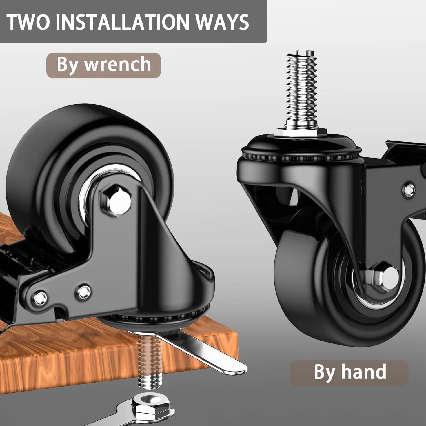 Zestaw 4 kółek 2-calowych, kółka z gwintowanym trzpieniem - 3/8"-16 x 1 (średnica trzpienia 3/8", długość trzpienia 1"), blokowane obrotowe koła poliuretanowe - obciążenie 600 funtów