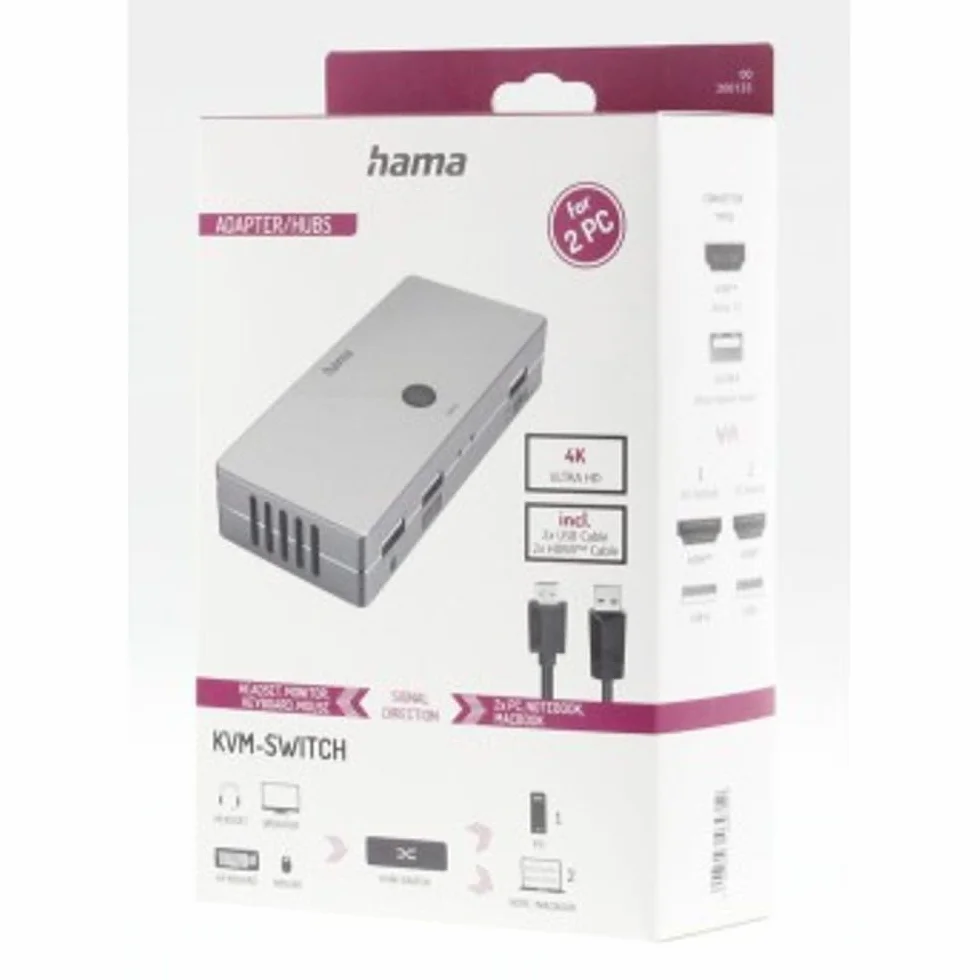 Hama Przełącznik KVM (1x HDMI/High Speed HDMI/max. 4K 30 Hz, 3x USB-A/USB 2.0/max. 480 Mbit/s, zasilanie USB, 4K, 11,4x5x2 cm) srebrny