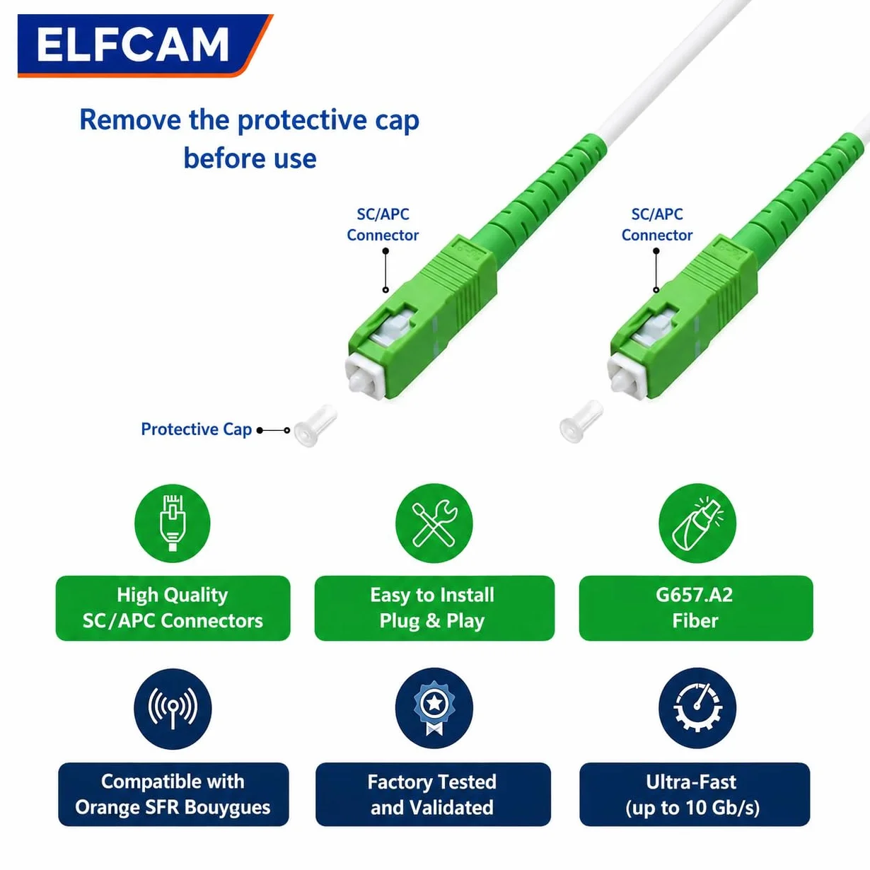 Elfcam® Kabel światłowodowy SC/APC do SC/APC 5M Biały