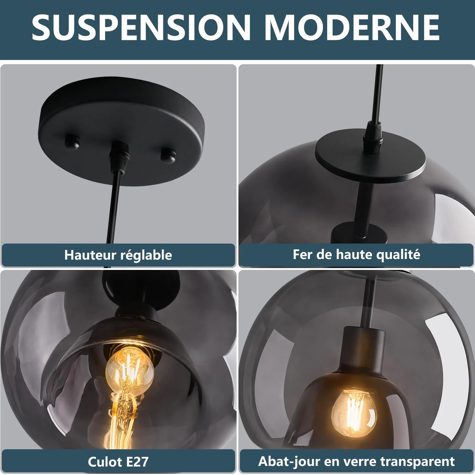 Globe Rauch szare szklane lampy wiszące, wyspa kuchenna, nowoczesna lampa wisząca, 1-żarówkowa, E27, retro, lampa wisząca do sypialni, na wyspę kuchenną, jadalnię
