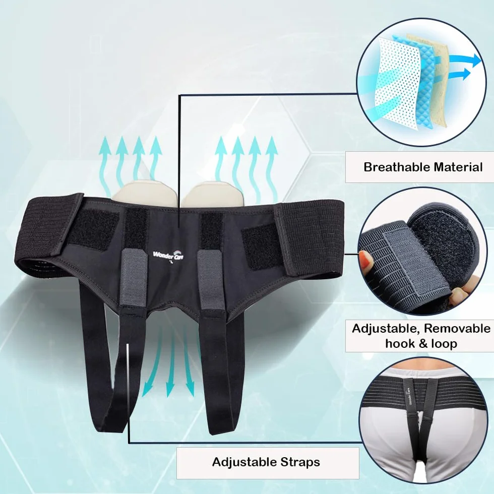 Wonder Care - Czarny kratownica na przepuklinę wewnętrzną do podwójnej przepukliny inowej lub sportowej z jednymi zdejmowanymi podkładkami kompresyjnymi i regulowanymi paskami pachwinowymi i odzyskiwaniem obrażeń A107 (dł. (96-99 cali)