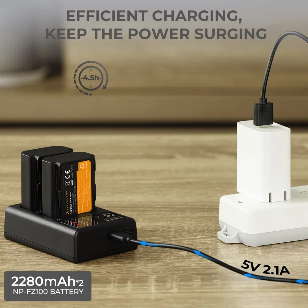 K&F Concept NP-FZ100 Bateria i ładowarka do Sony A7iii, A7IV, A9, A6600 2x 2280 mAh