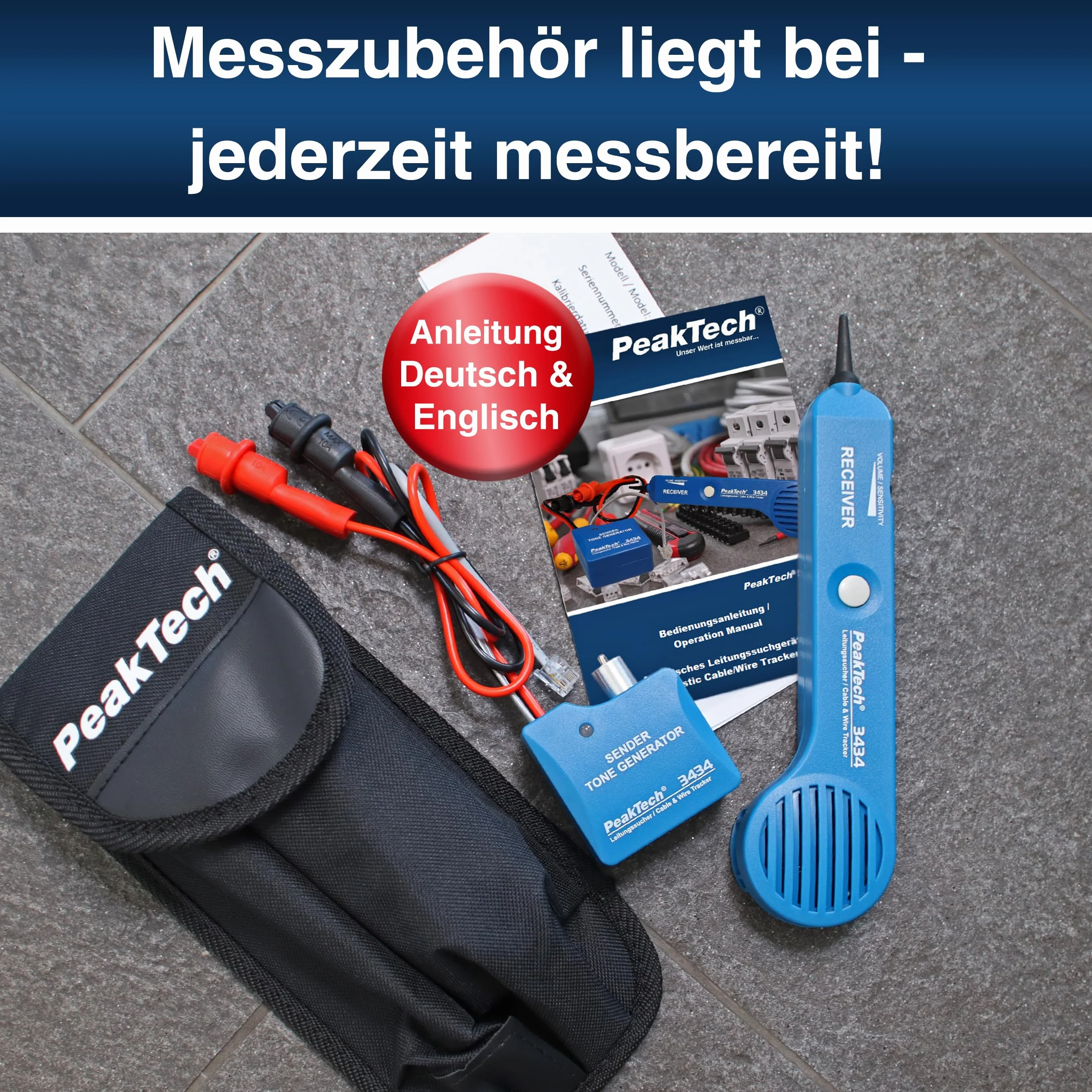 PeakTech 3434 – wykrywacz przewodów i kabli telefonicznych z próbnikiem ciągłości i sygnałem dźwiękowym, zaciskami krokodylkowymi, telefonami, sieciami RJ11, LAN