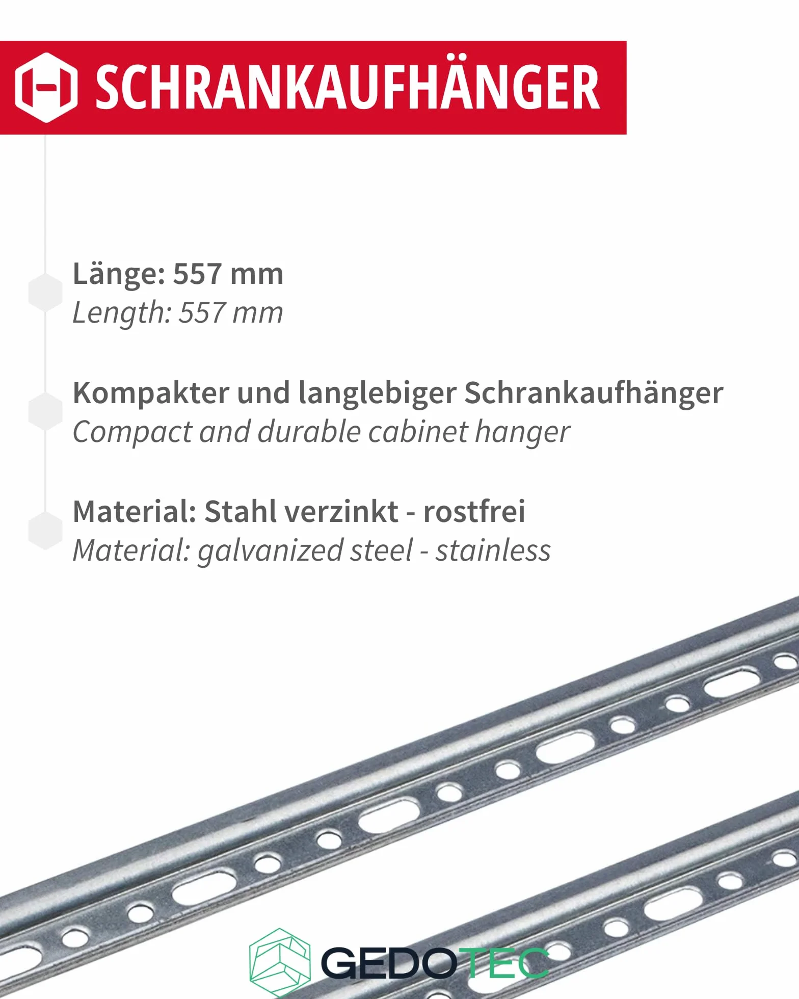 Gedotec Szyna Montażowa do Zawieszania Szafek Górnych, Długość 557 mm, Stal Ocynkowana, Nośność 100 kg, 2 Sztuki Metalowych Szyn Kuchennych