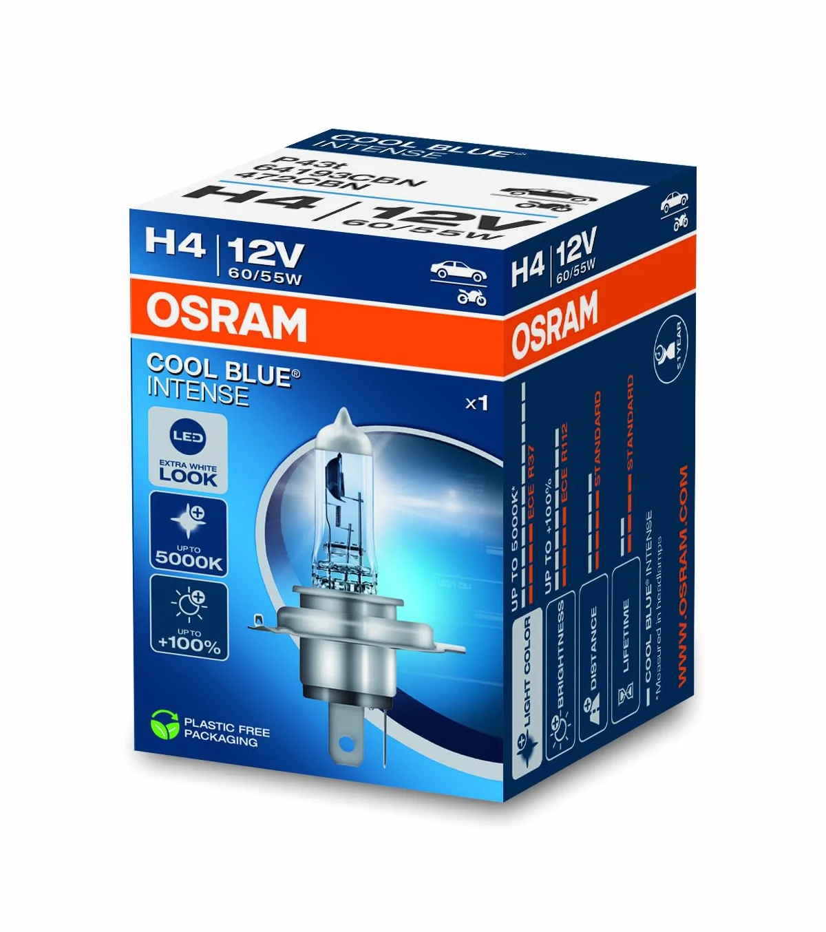OSRAM COOL BLUE INTENSE H4, +100% jaśniejsze światło, do 5000K, żarówka halogenowa, wygląd LED, kartonowe pudełko (1 lampa)