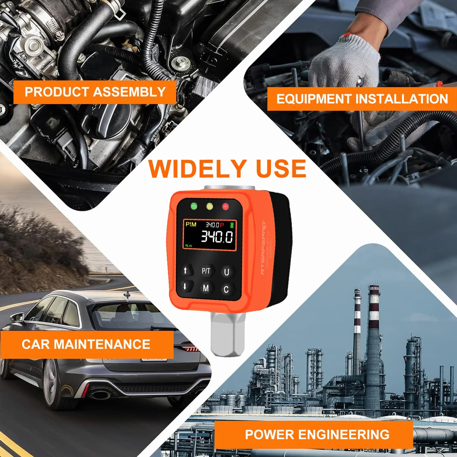 ATsafepro Cyfrowy Przenośnik Momentu 1/2" 17-340 Nm, Klucz Dynamometryczny z Kolorowym Wyświetlaczem LCD i Sygnalizatorem Dźwiękowym, Adaptery 1/4” i 3/8” do Samochodu i Motocykla, Dokładny Pomiar, Pr