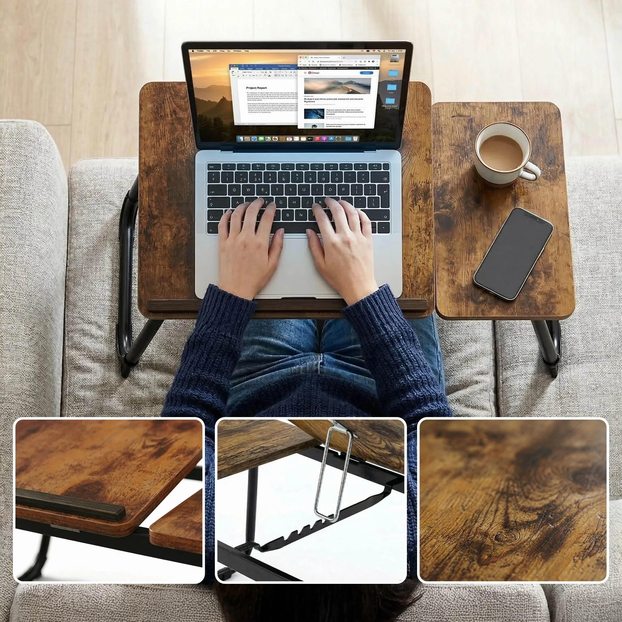 Relaxdays Składany Stolik Pod Laptopa do Łóżka z Regulacją Wysokości, Metal, Ciemnobrązowy/Czarny