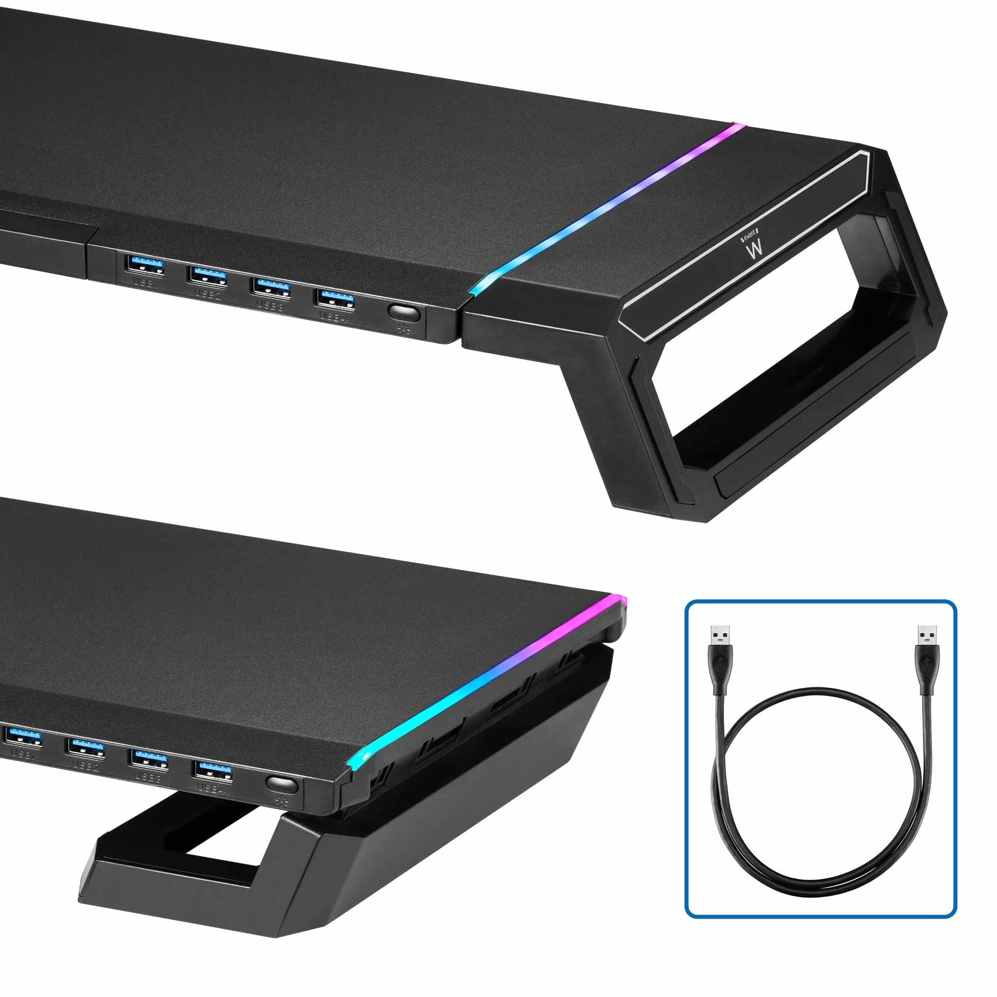 Ewent Stojak na monitor RGB regulowany z szufladą USB 3.2 Gen 1 czarny