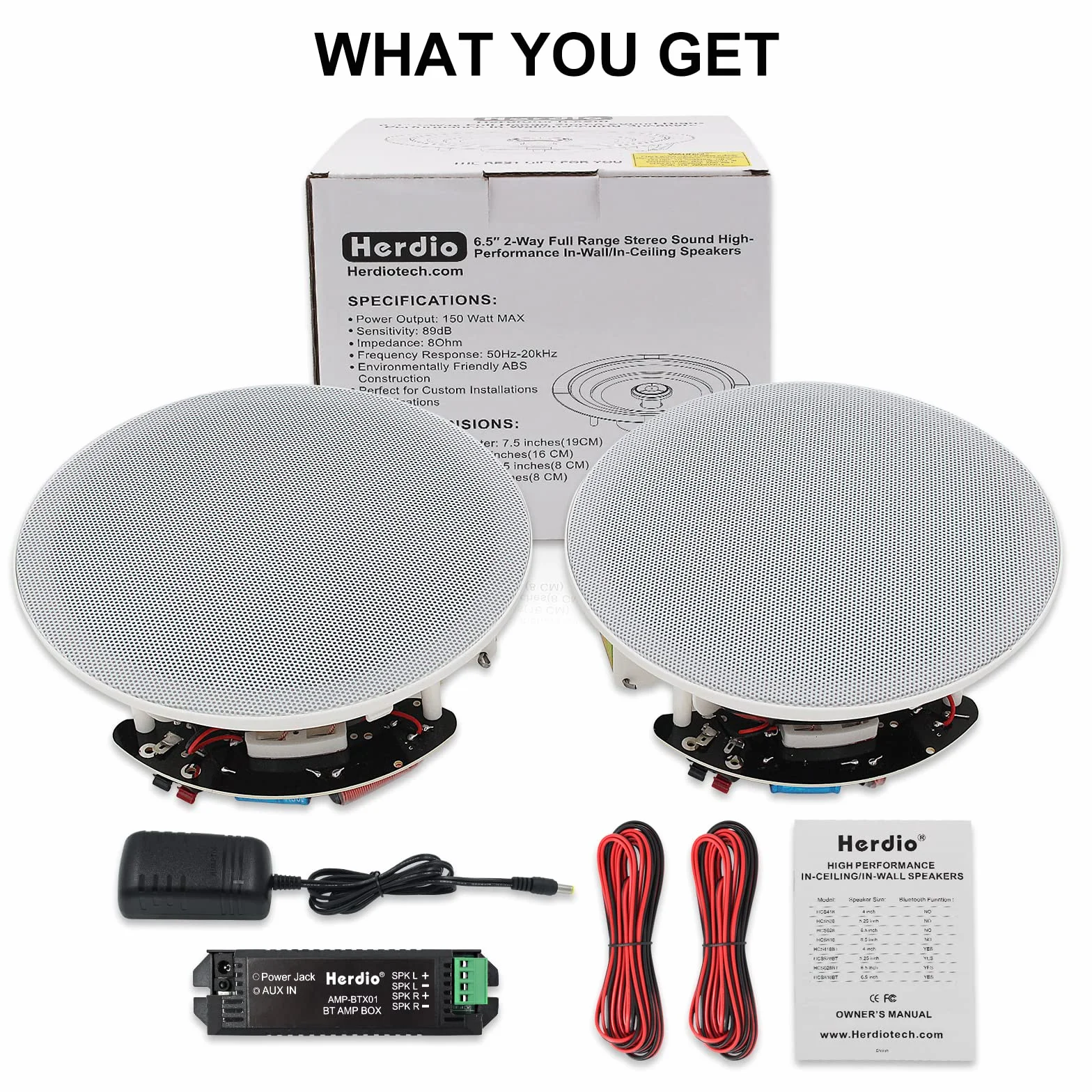 Herdio Głośniki sufitowe Bluetooth 150 W 150 W do biura, kuchni, salonu, łazienki, średnica wycięcia 18 cm (1 para)