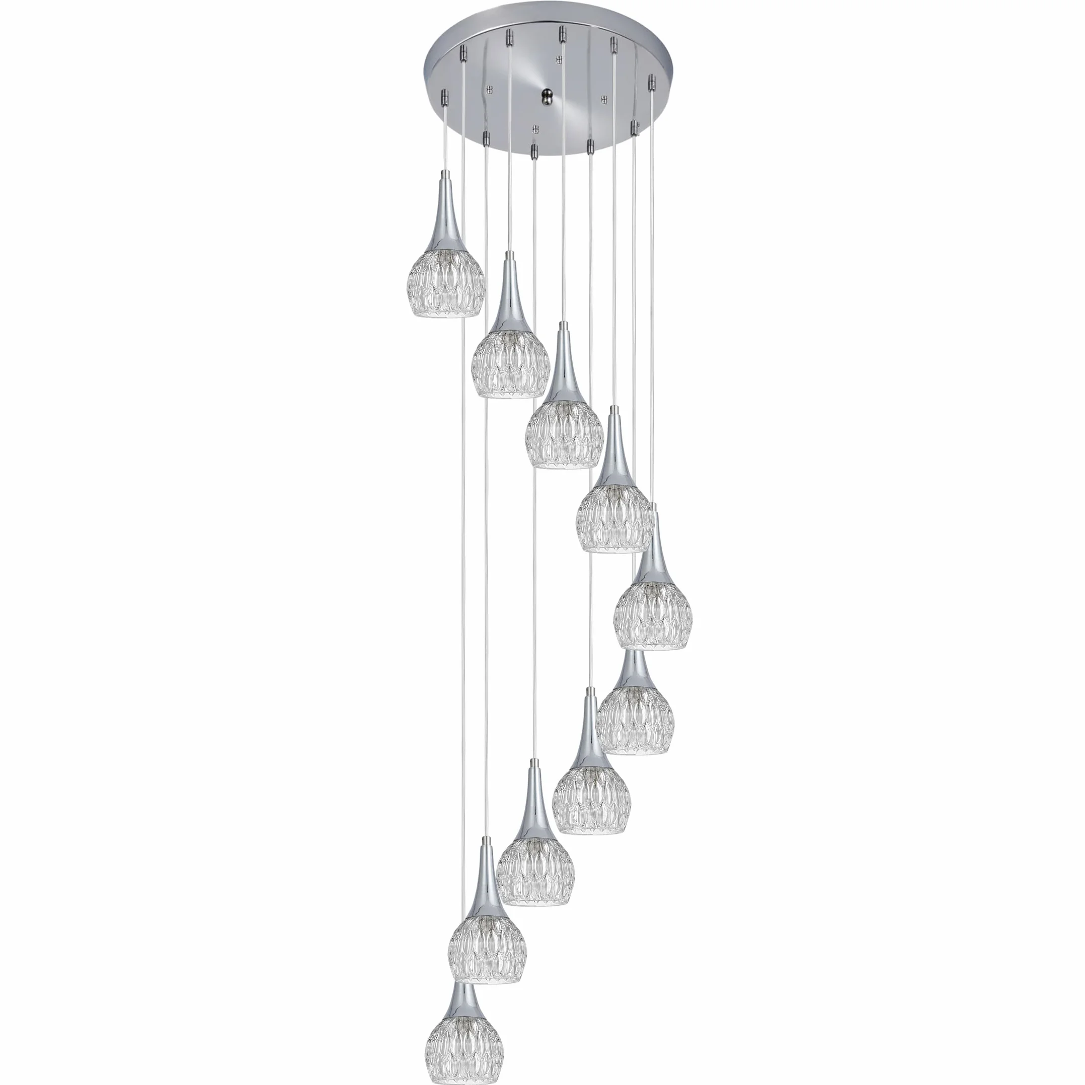 Nowoczesne 10-punktowe żyrandole spiralne Polerowane chromowane lampy wiszące Art Glass Shade Dome Długi żyrandol Oświetlenie do przedpokoju Klatka schodowa Oprawa sufitowa
