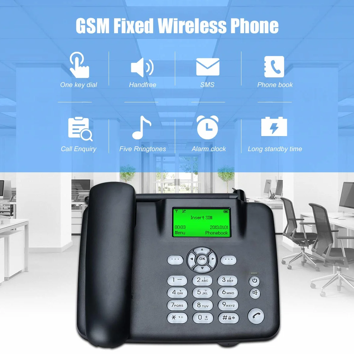 Lychee Telefon Biurkowy GSM Wolne Ręce SMS Duży Wyświetlacz Podświetlenie Radio Czarny