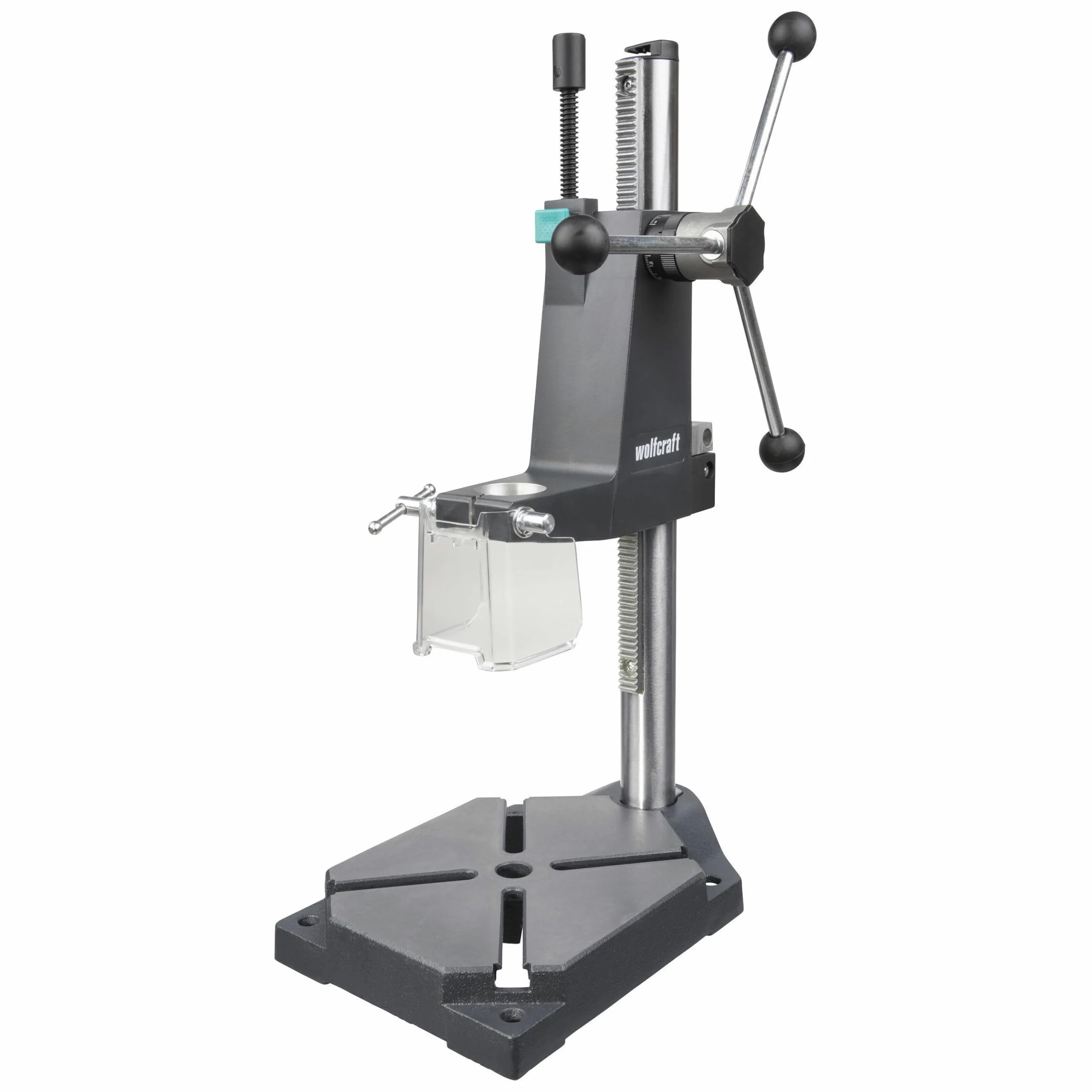 wolfcraft Stojak wiertarski PRO – wytrzymałe rozwiązanie do kontrolowanego, ograniczonego głębokości wiercenia – idealny do prac seryjnych – wysięg 130 mm i skok 80 mm – 5029000
