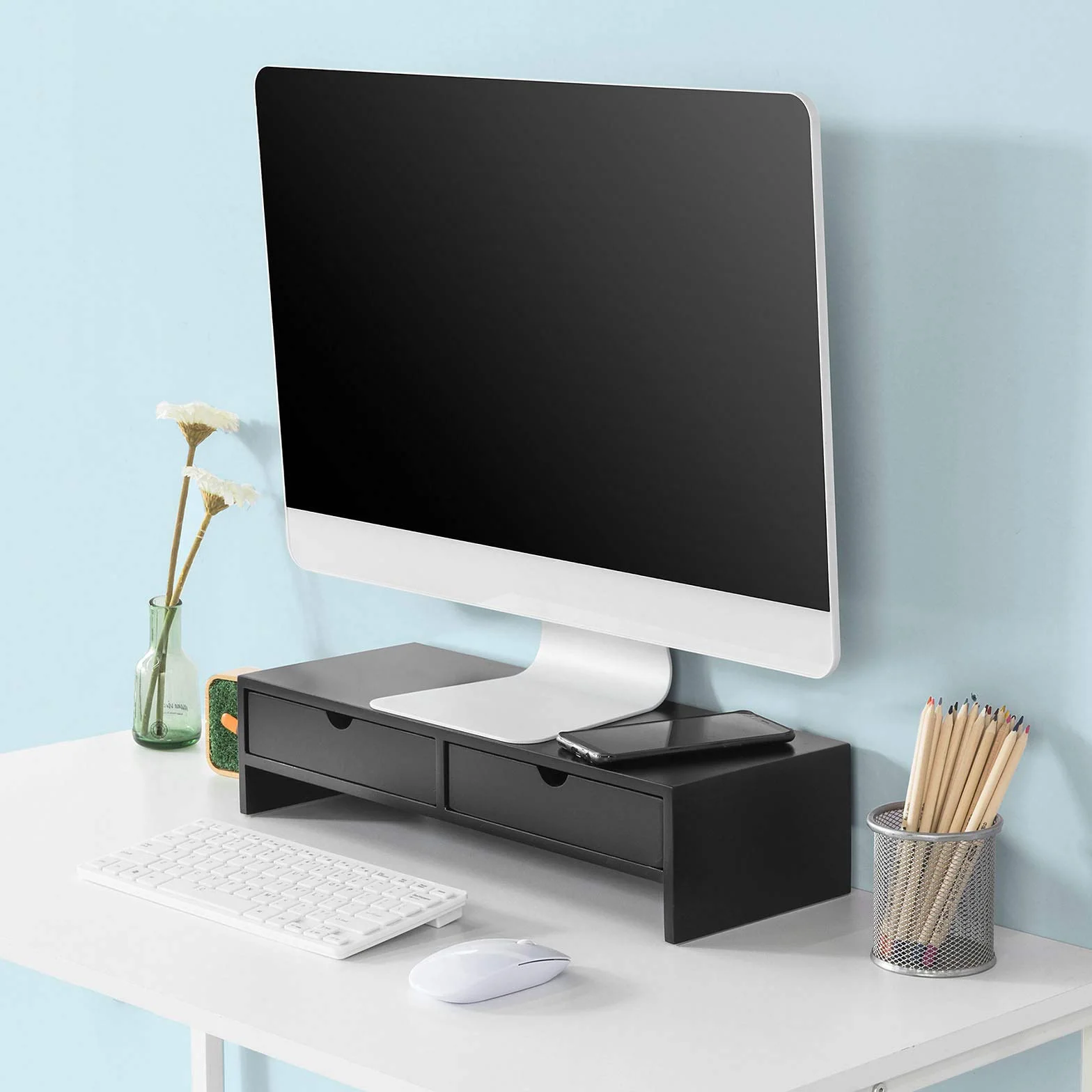 SoBuy Organizer na biurko z 2 szufladami, stojak na monitor, czarny, 47x11x18 cm BBF02-SCH