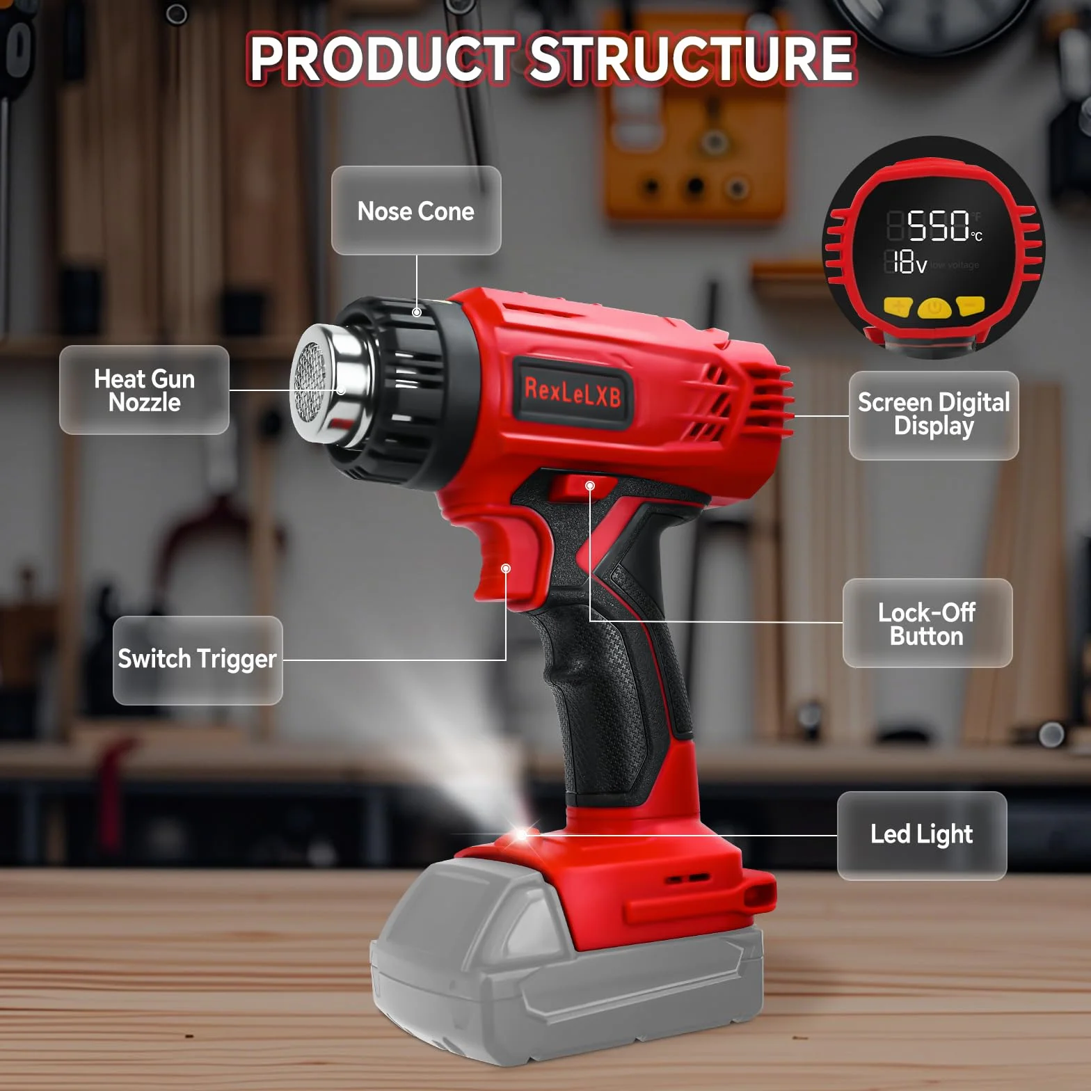 Bezprzewodowy pistolet na gorące powietrze z wyświetlaczem do akumulatora litowo-jonowego Milwaukee 18 V, 400 W 1022℉ (550℃) opalarka z zabezpieczeniem przed przeciążeniem, 4 dysze do spawania