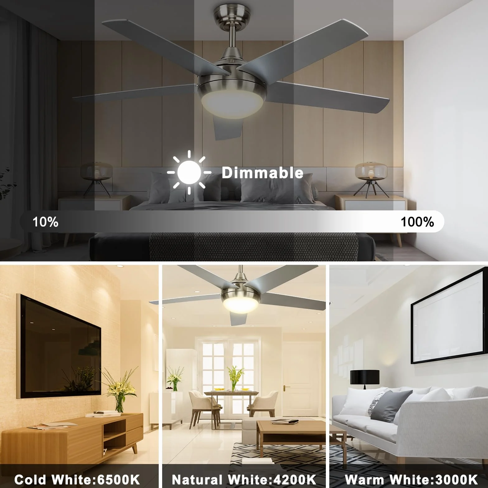 Wentylator sufitowy z pilotem zdalnego sterowania, wentylator sufitowy 30W DC z oświetleniem LED, 3000K-6500K, 52'' 5 łopatek 6 prędkości wentylatora do salonu sypialnia klasa jadalnia kuchnia biura