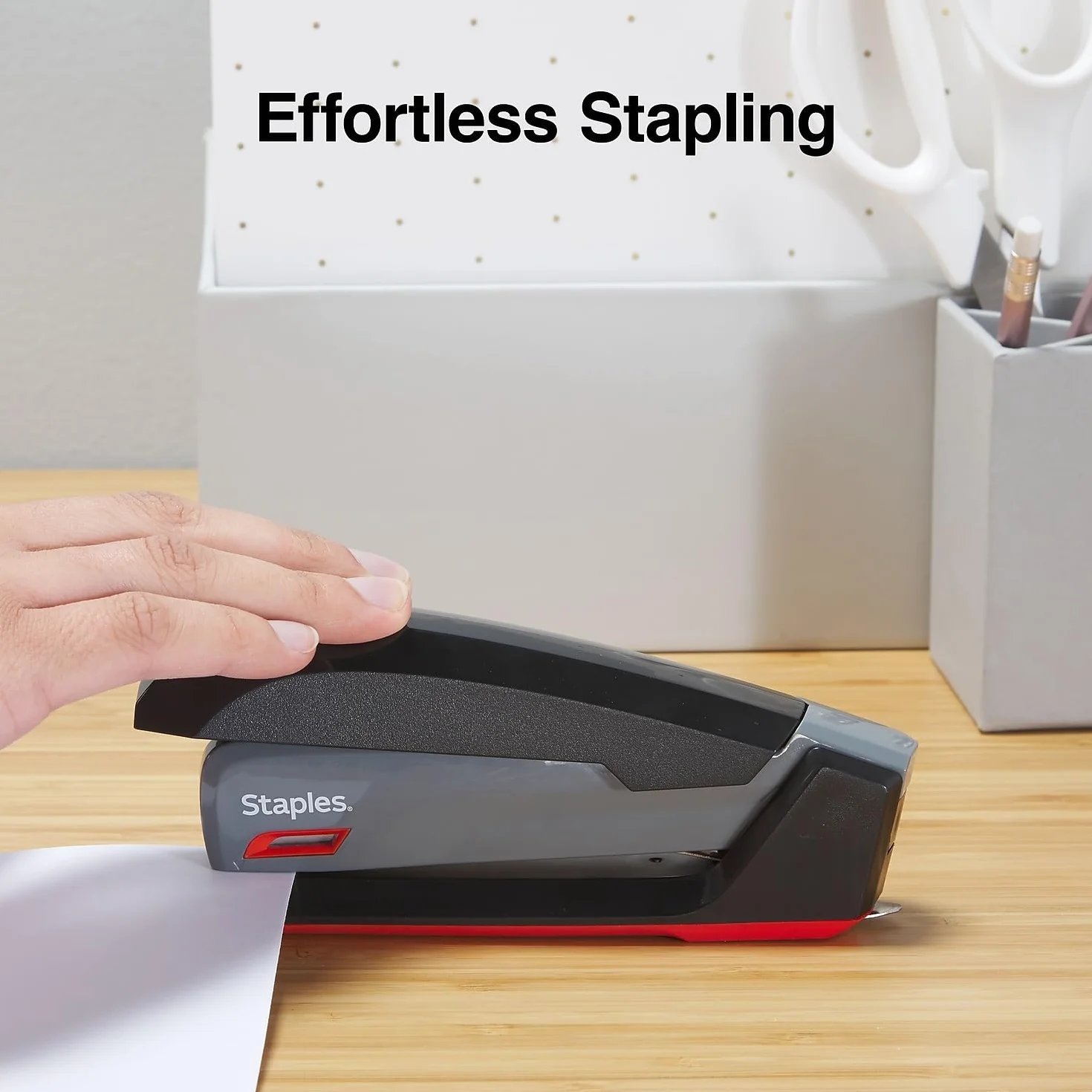 Staples 1798852 Zszywacz do pulpitu jednym dotknięciem, pełna pojemność, szary/czarny/czerwony (44425)
