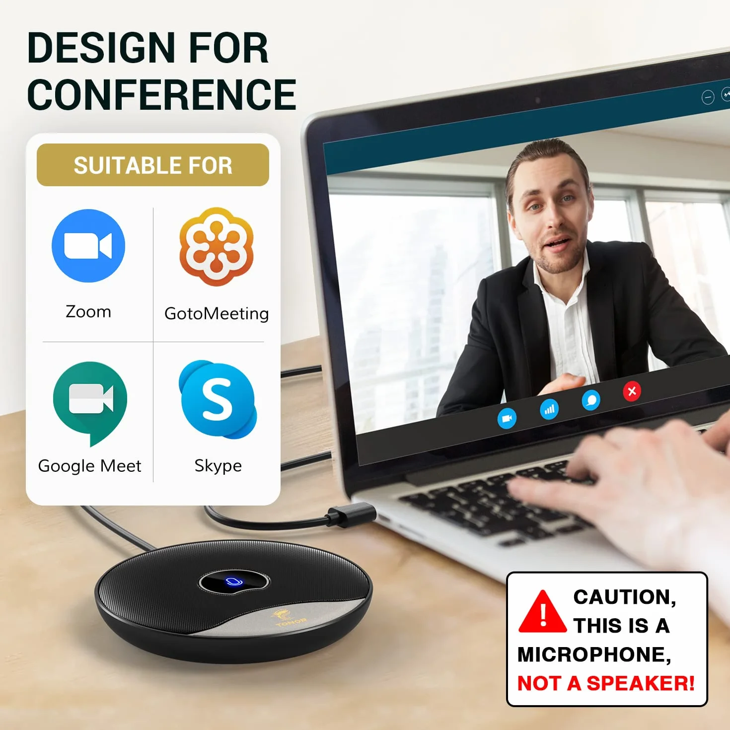 TONOR Mikrofon konferencyjny USB, 360 stopni, wielokierunkowy mikrofon kondensatorowy PC z przyciskiem wyciszania do spotkań online, klas, połączeń zoom, rozmów przez Skype Chat, Plug and Play (TM20)