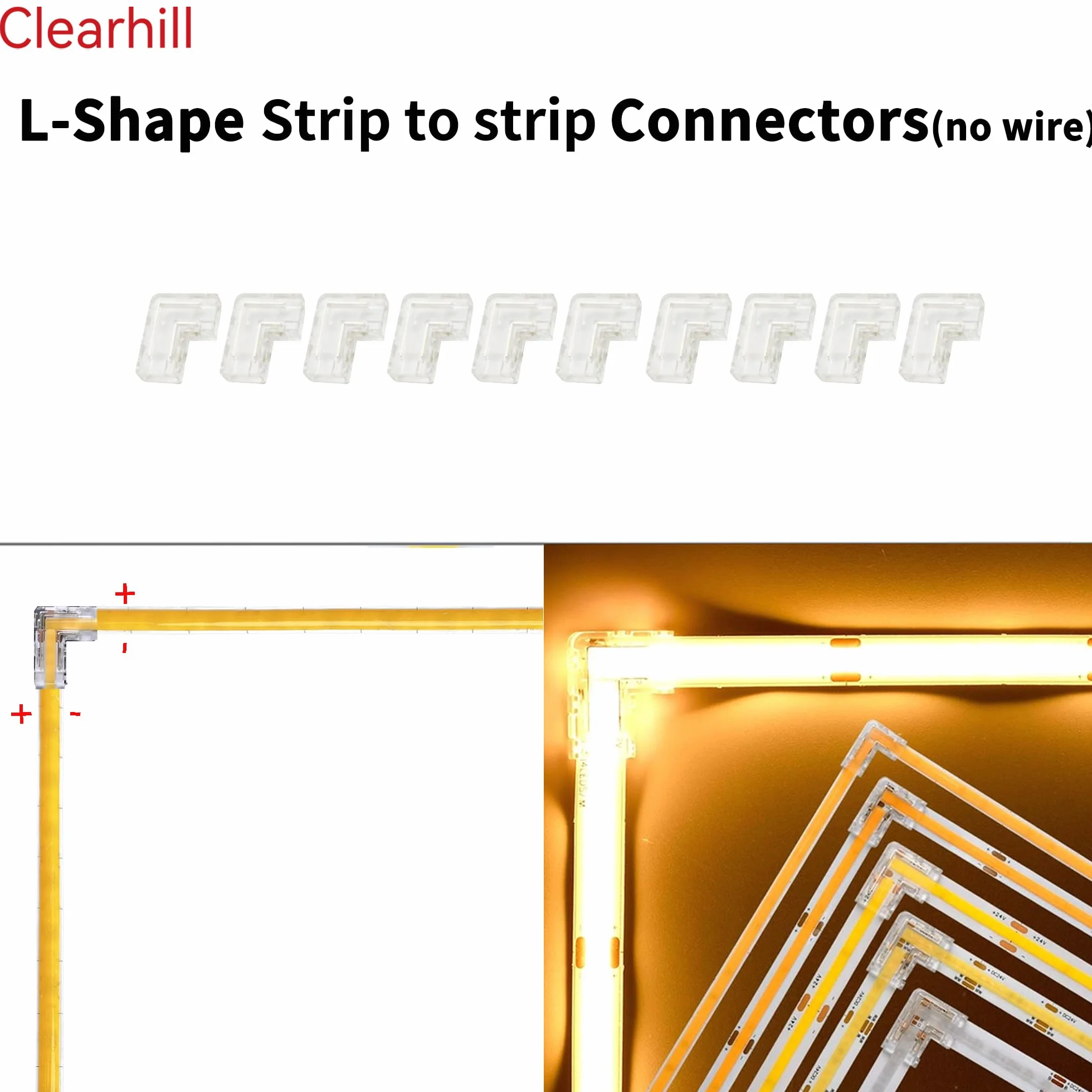 5mm 2Pin 10Packs Przezroczyste bezlutowe L-Shape COB LED Strip Connectors, 90 ° prostokątne połączenia narożne do 5V 12V 24V jednokolorowe światła LED Strip, bezproblemowe połączenie