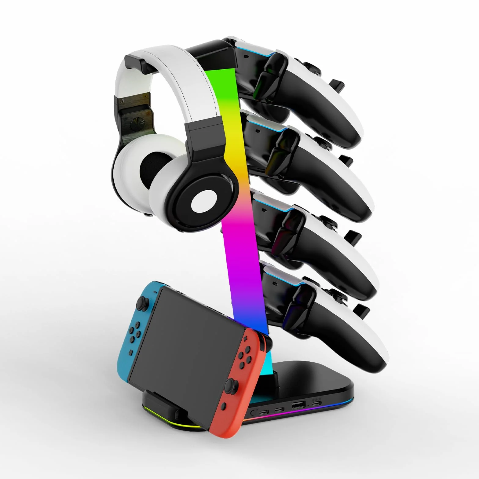 Stojak na Pady do Gier i Słuchawki z RGB | Przechowywanie dla 4 Padów + 1 Słuchawki + Smartphone | 3 Porty Ładowania (Type-C + USB-A)
