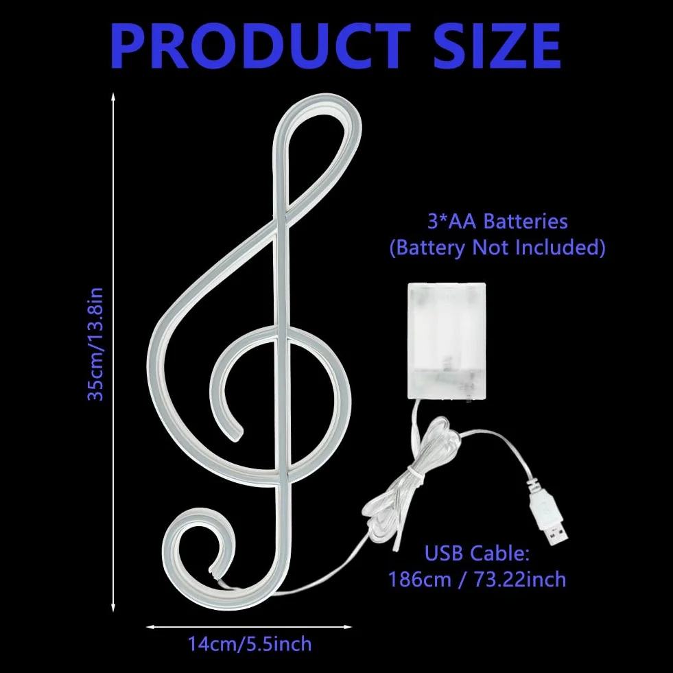 Music Note Neon Signs, muzyka neonowe oświetlenie USB, neon światła do dekoracji ścian, neonowe znaki LED, zasilanie bateryjne, neony USB, do baru, studia muzycznego, niebieskie światło