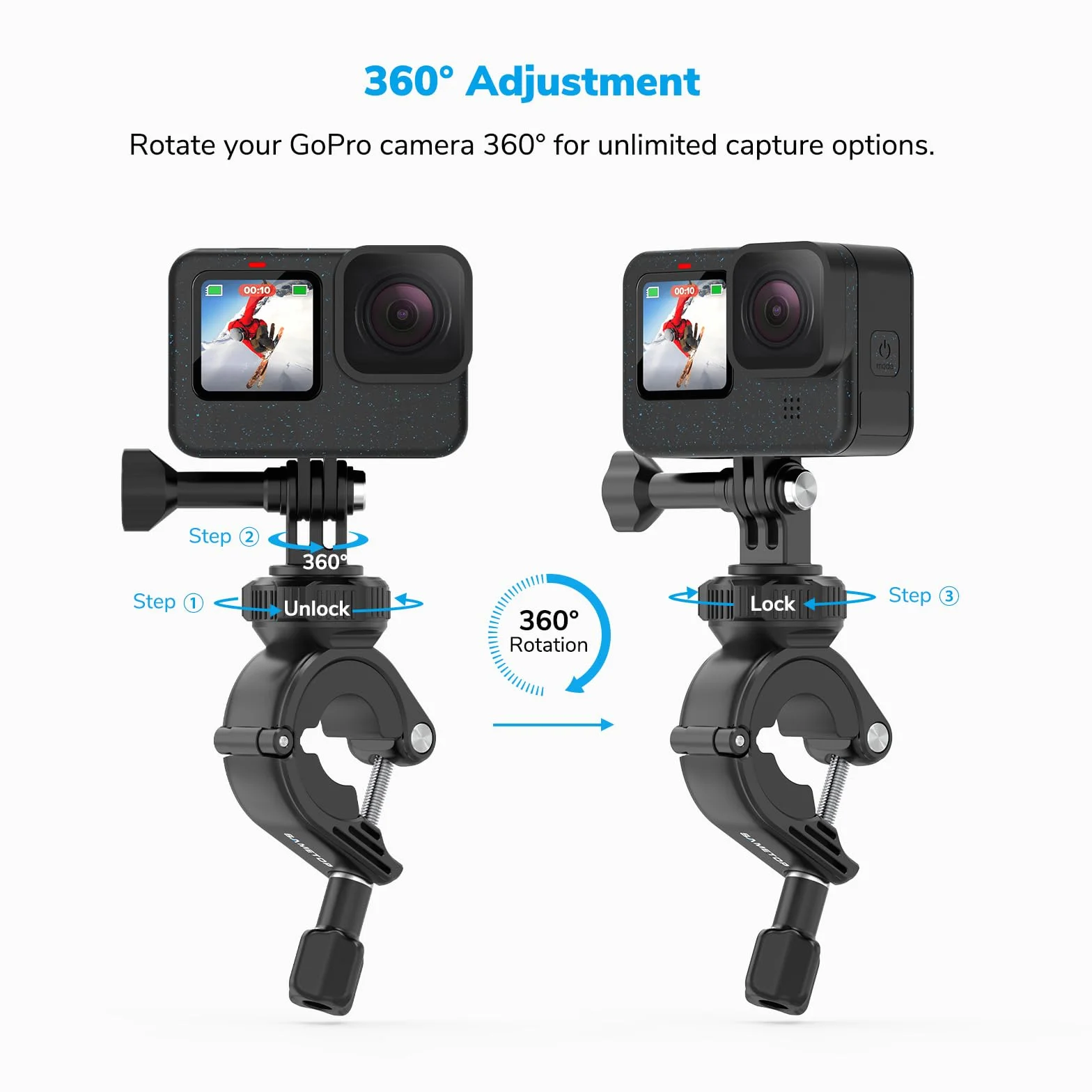 Uchwyt na Rowerowy Motocykla Słup Zaciskowy Kompatybilny z GoPro Hero 13 12 11 10 9 8 7 6 5 Session DJI Osmo Kamery Sportowe Obrót 360°