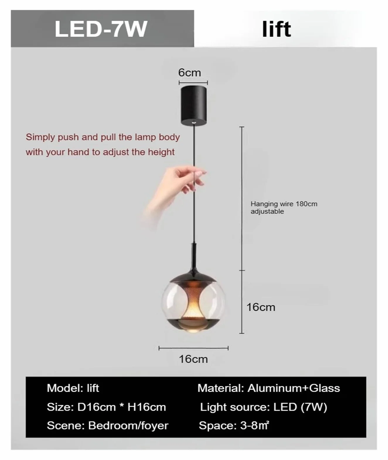 Lampa wisząca do sypialni, ze szklanym przewodem, regulowana i wisząca, idealna również jako lampa biurkowa do gabinetu, baru, blatu lub wyspy (podnoszona, z 3 trybami