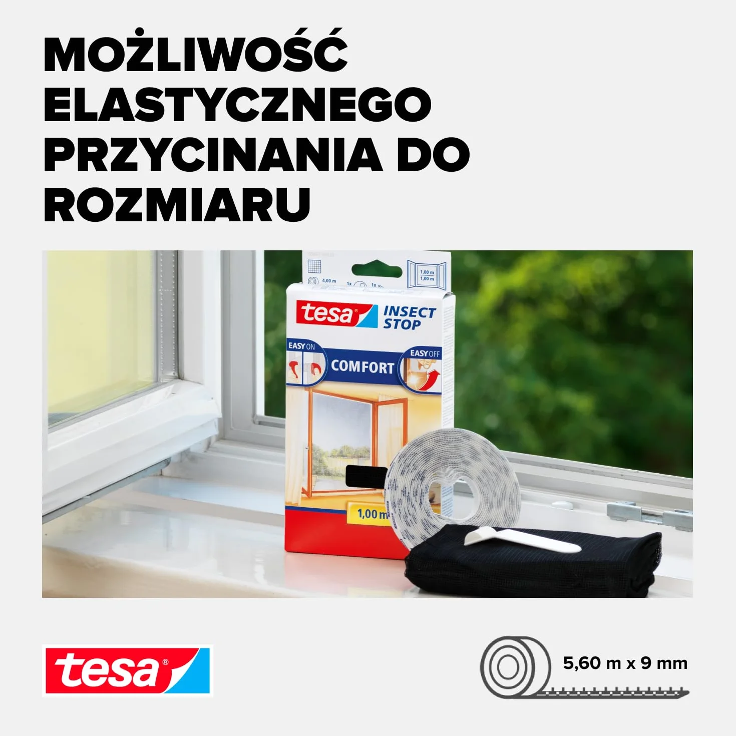 tesa® Comfort Rzep samoprzylepny do moskitier Comfort – taśma rzepowa do mocowania siatek okiennych przeciwko owadom – wymiary: 5,60 m x 9 mm, biała