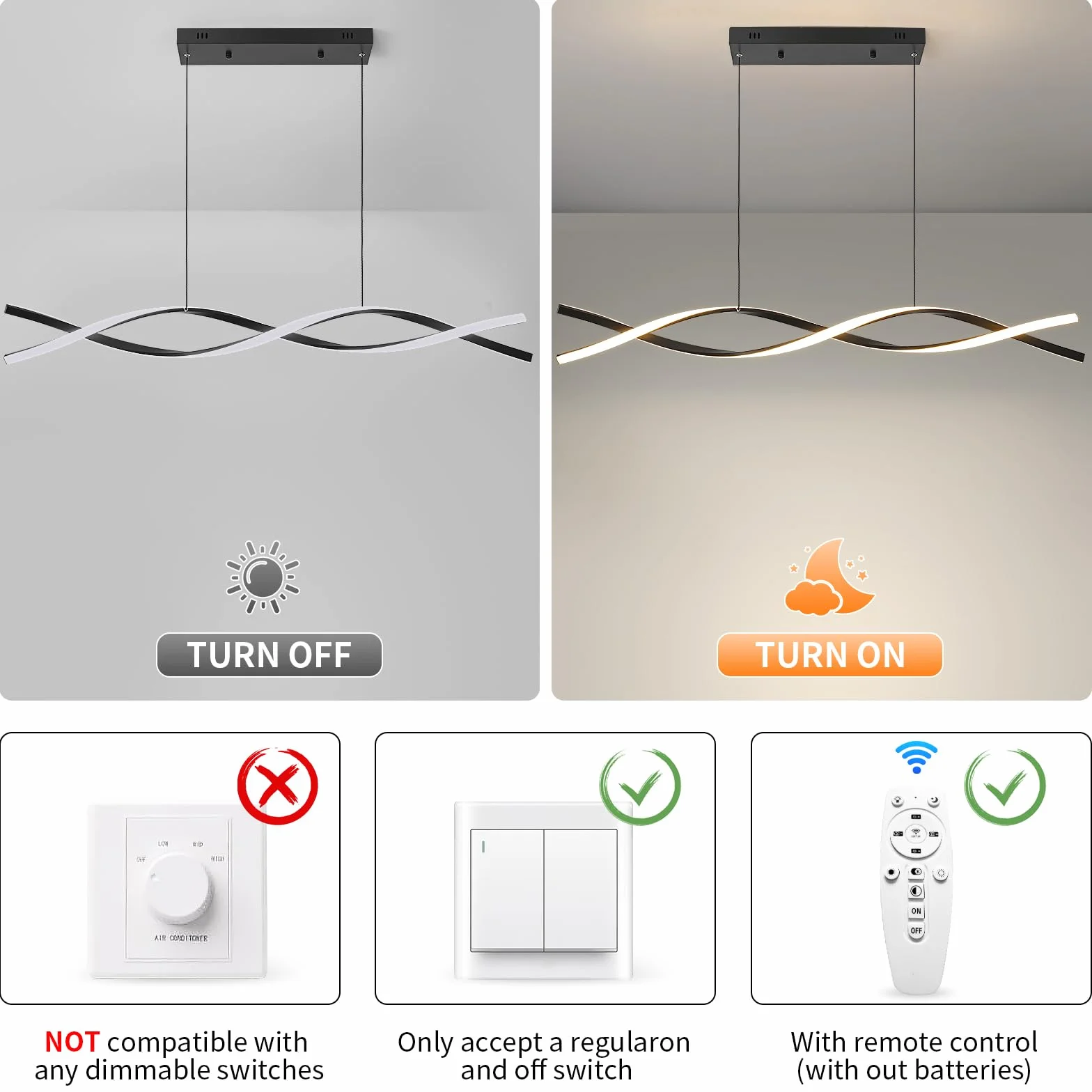 Lampy wiszące LED, 3300-6500 K, regulowana temperatura barwowa, wiszące oświetlenie wiszące, 100 cm, żyrandol ściemniany za pomocą pilota zdalnego sterowania, aluminiowa lampa oświetleniowa do kuchni