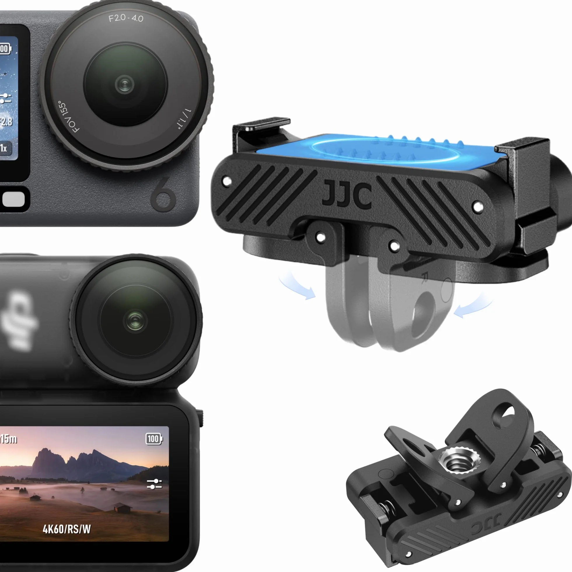 JJC Osmo Nano magnetyczny adapter szybkiego uwalniania do akcesoriów DJI Osmo Action 6 Nano, magnes dwukierunkowy, zastępuje uchwyt szybkiego zwalniania OEM, składane pazury i otwór na śrubę 1/4"-20