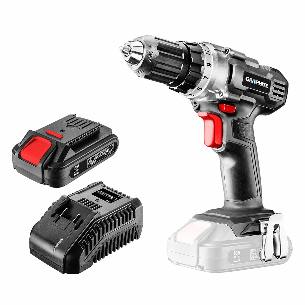 GRAPHITE Wiertarko-wkrętarka akumulatorowa 18 V Energy+, wiertarka/wkrętarka z akumulatorem 2,0 Ah i ładowarką w kartonowym pudełku, uchwyt wiertarski 10 mm