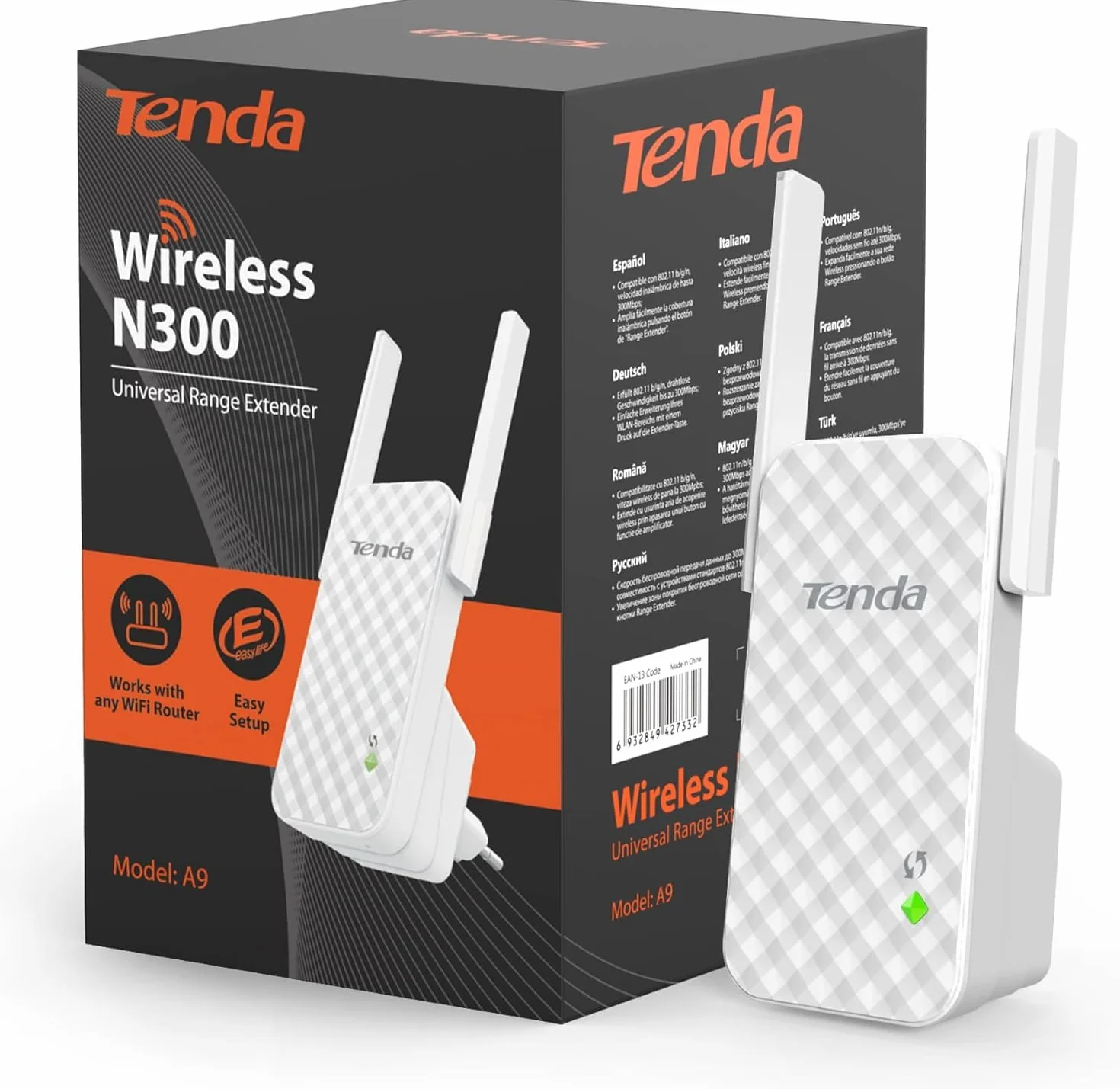 Tenda A9 N300 Wzmacniacz WLAN 300 Mbit/s Dwie Anteny Biały