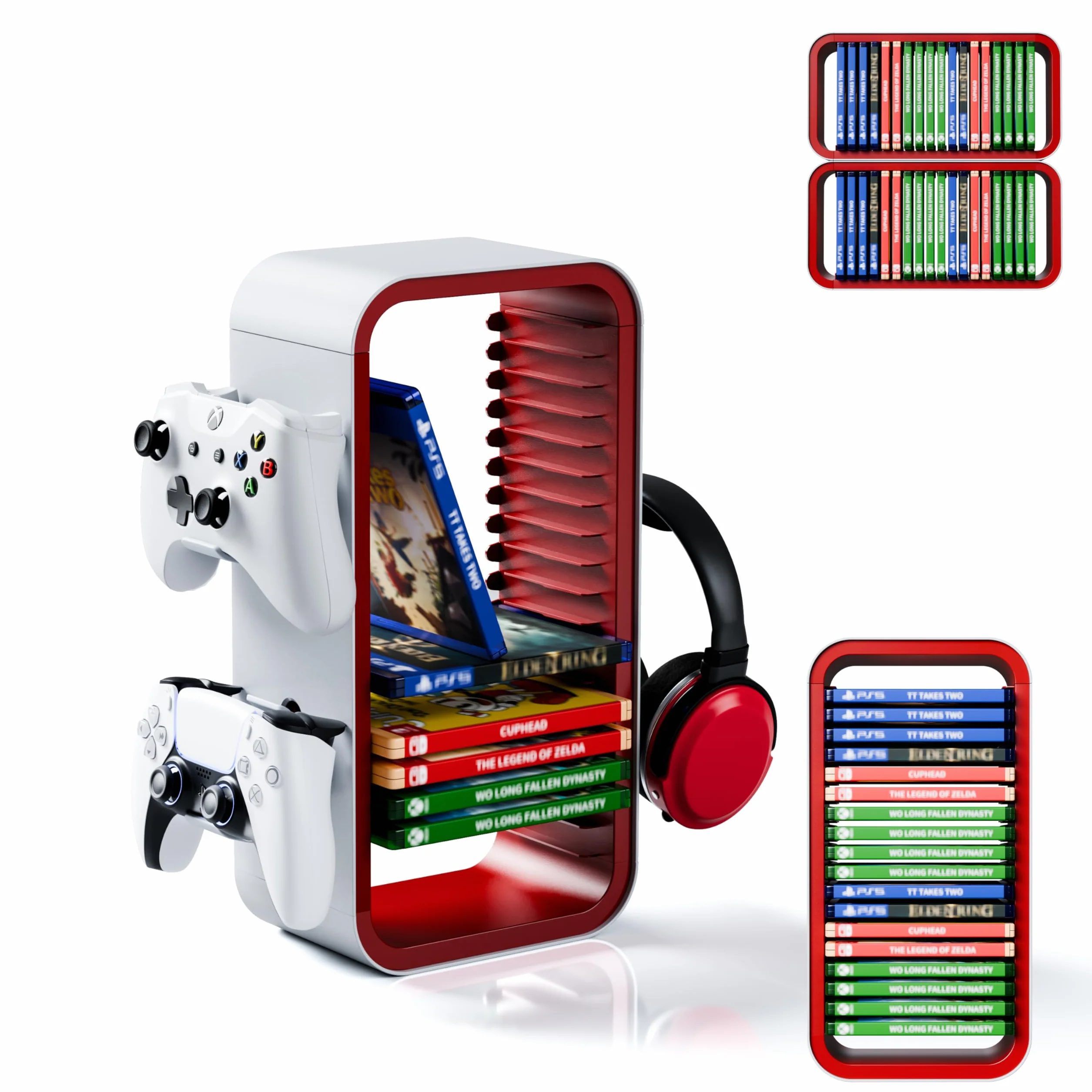 Universal Games Storage Tower Pro do 18 gier uchwyt kontrolera 4 gamepady akcesoria gamingowe PS5 PS4 Xbox Switch biały czerwony