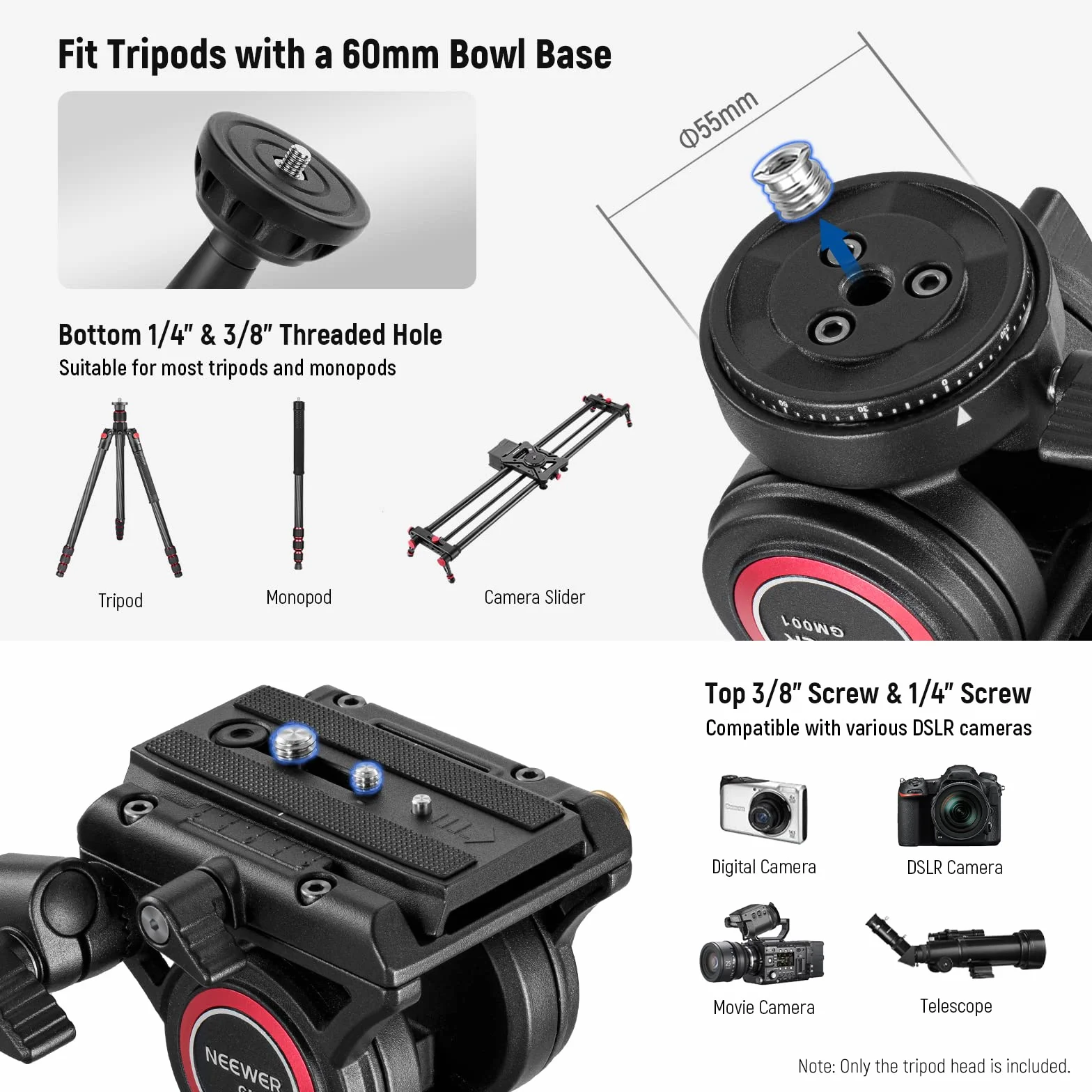 NEEWER Głowica płynu statywu wideo z płytą szybkiego zwalniania, kompatybilna z Manfrotto, ⌀55 mm, 6 kg
