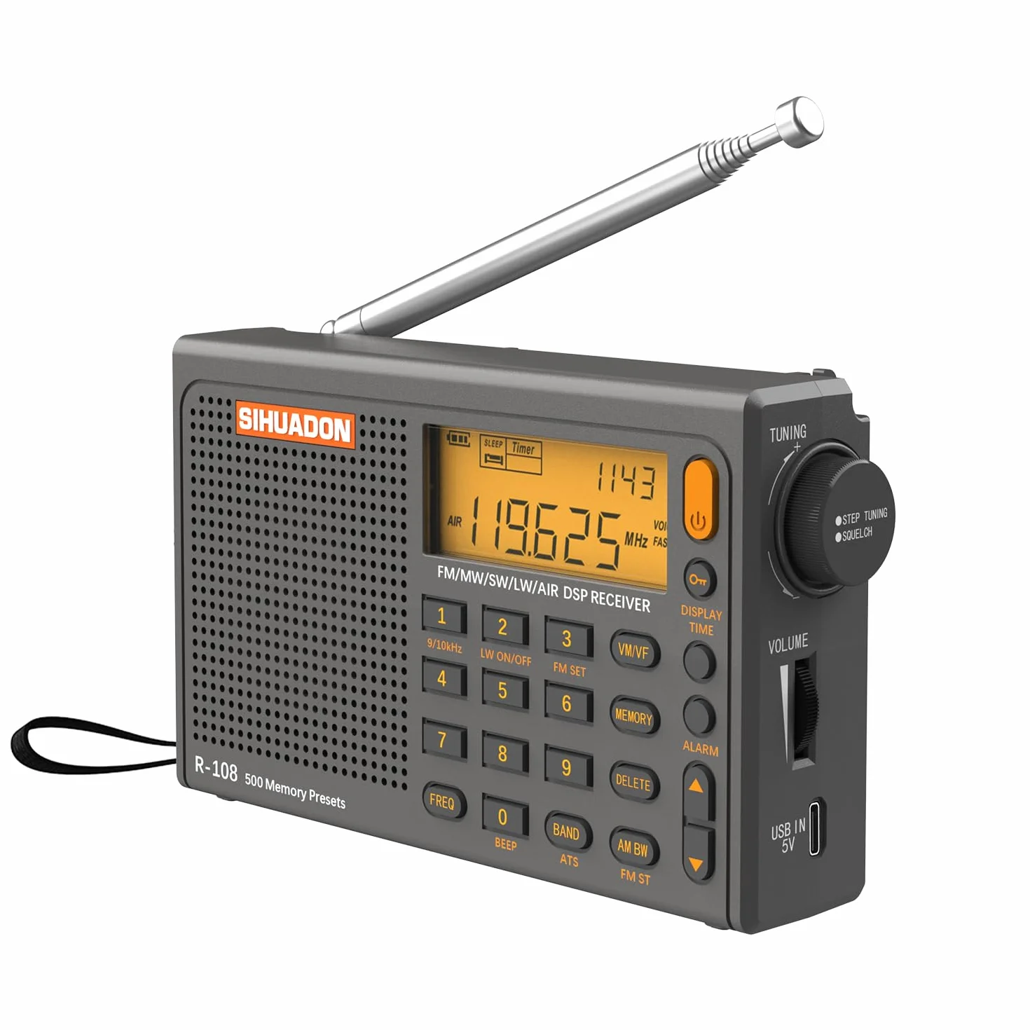 Radio przenośne SIHUADON R108 FM SW MW z czystym odbiorem, gniazdo słuchawkowe, timer, budzik, szary