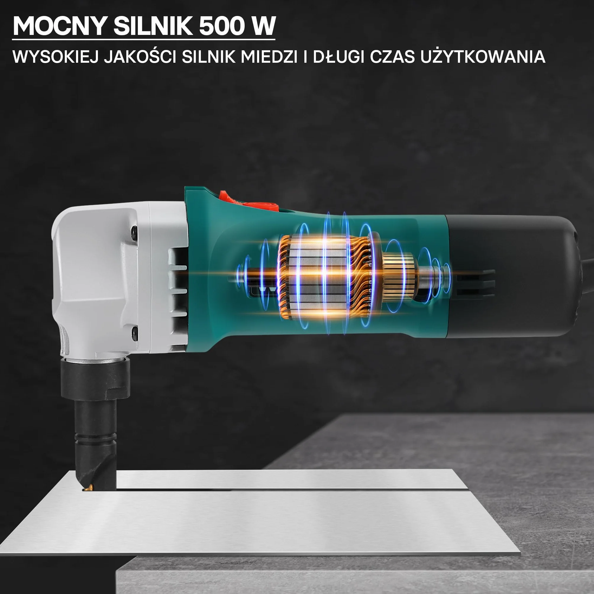 Wiltec Nożyce do blachy elektryczne 500 W, maks. głębokość cięcia 2,5 mm bez deformacji do blach prostych i falowanych, obrotowa głowica 360°