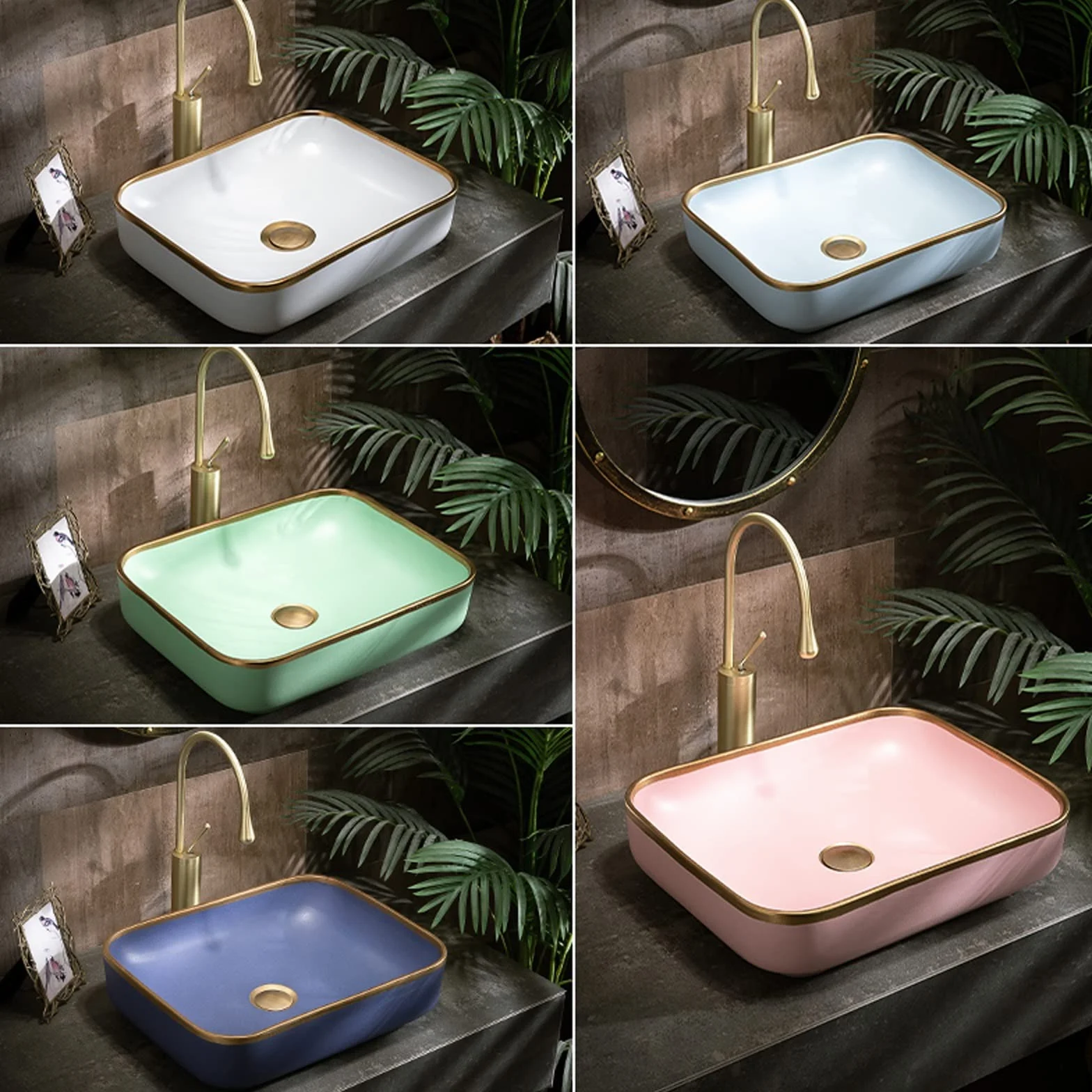 Umywalka Łazienkowa 20,4"×15,7" Prostokątna Umywalka Nablatowa Golden Edge Porcelanowa Ceramiczna Umywalka Nablatowa Umywalka Nablatowa Artystyczna Umywalka Idealna (Roze)
