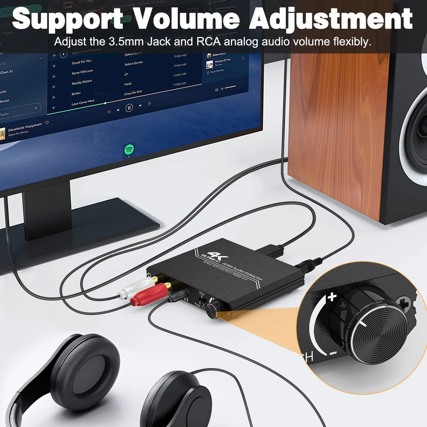 Tendak Rozdzielacz audio HDMI 2.0 4K na optyczny SPDIF Toslink 3,5 mm AUX Stereo cinch L/R konwerter z regulacją głośności