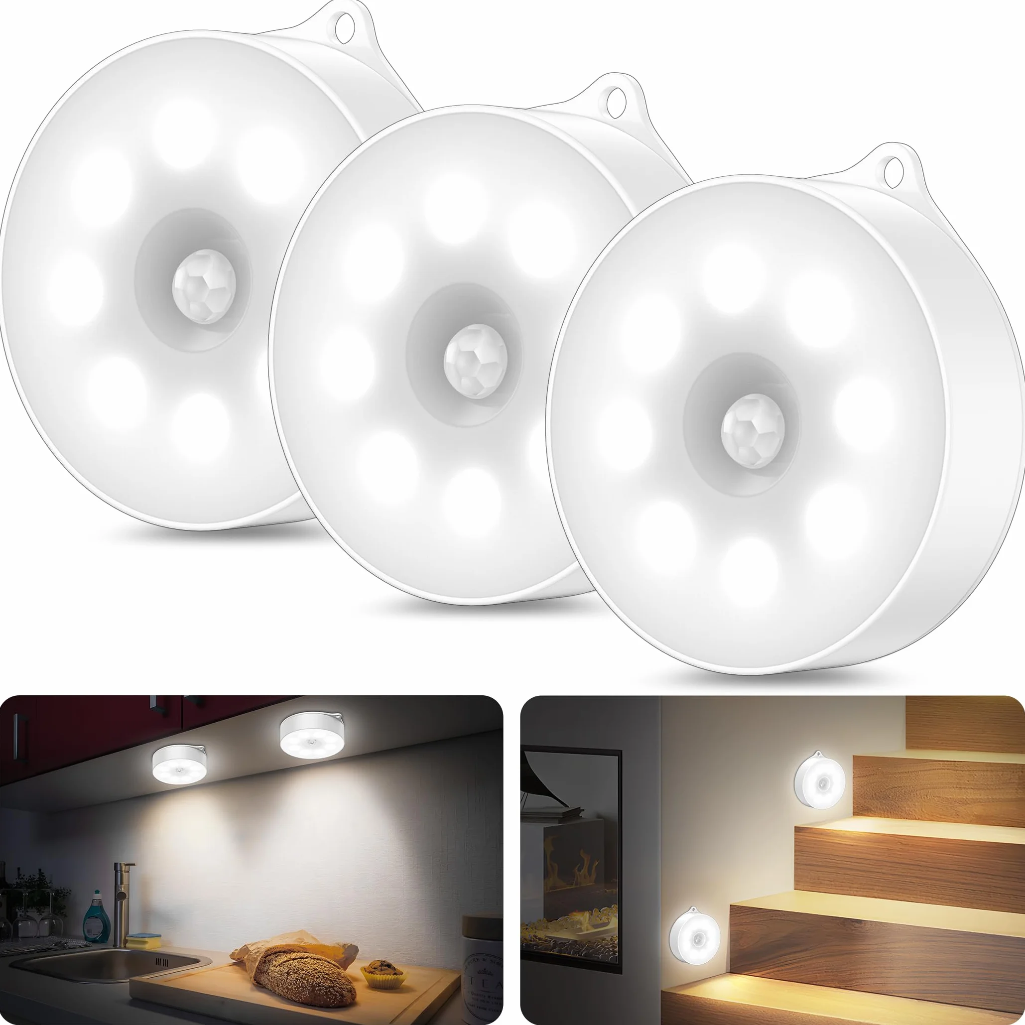 Lampka nocna z czujnikiem ruchu, 3 x baterie AAA, bezprzewodowe lampki LED do naklejenia, oświetlenie szafki, czujnik ruchu do wewnątrz na schody, kuchni, pokoju dziecięcego (zimna biel, 3 sztuki)