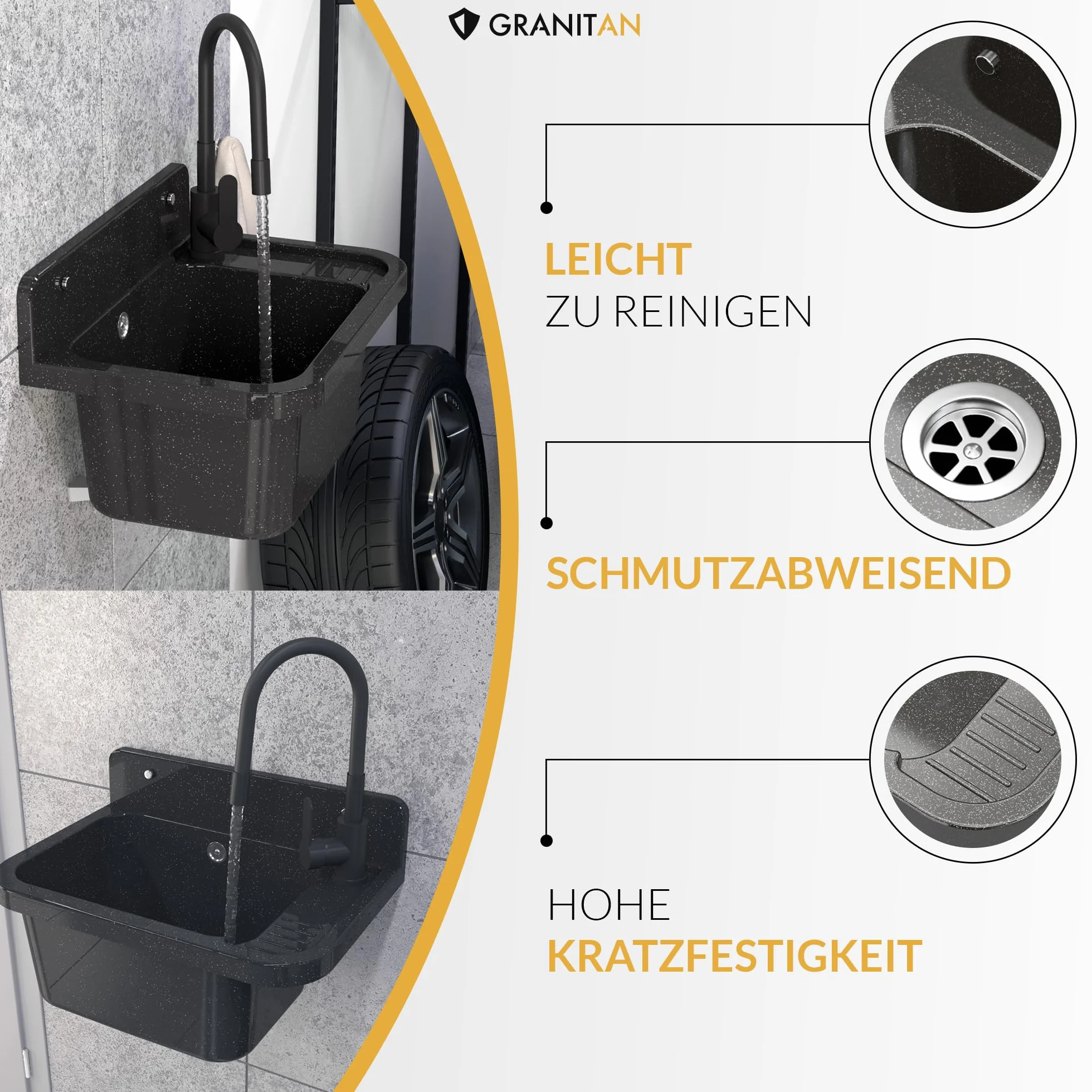 Granitan Umywalka do garażu, piwnicy, warsztatu i pralni – uniwersalne koryto z syfonem – umywalka do montażu na ścianie – 50 x 34 x 31 cm (biała + armatura umywalkowa FLEX)
